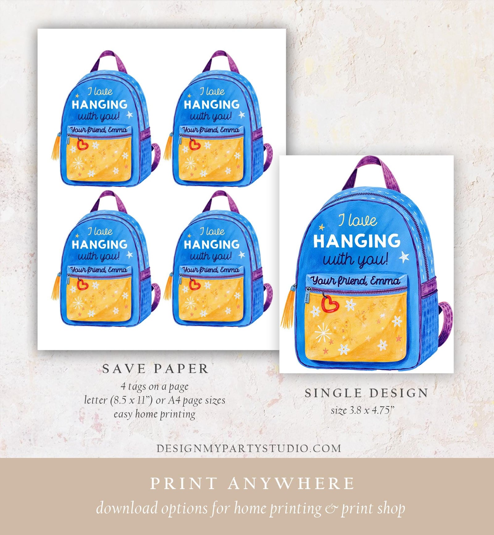 Editable Valentine's Day Keychain Gift Tag Blue Kids School Classroom Gift Backpack Keychain Tag Daycare Digital Download Printable 0370