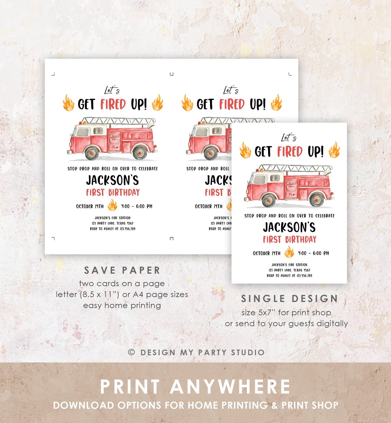 Editable Get Fired Up Birthday Invitation Firefighters Firetruck Fire Truck Boy Birthday Party Digital Evite Template Printable 0564