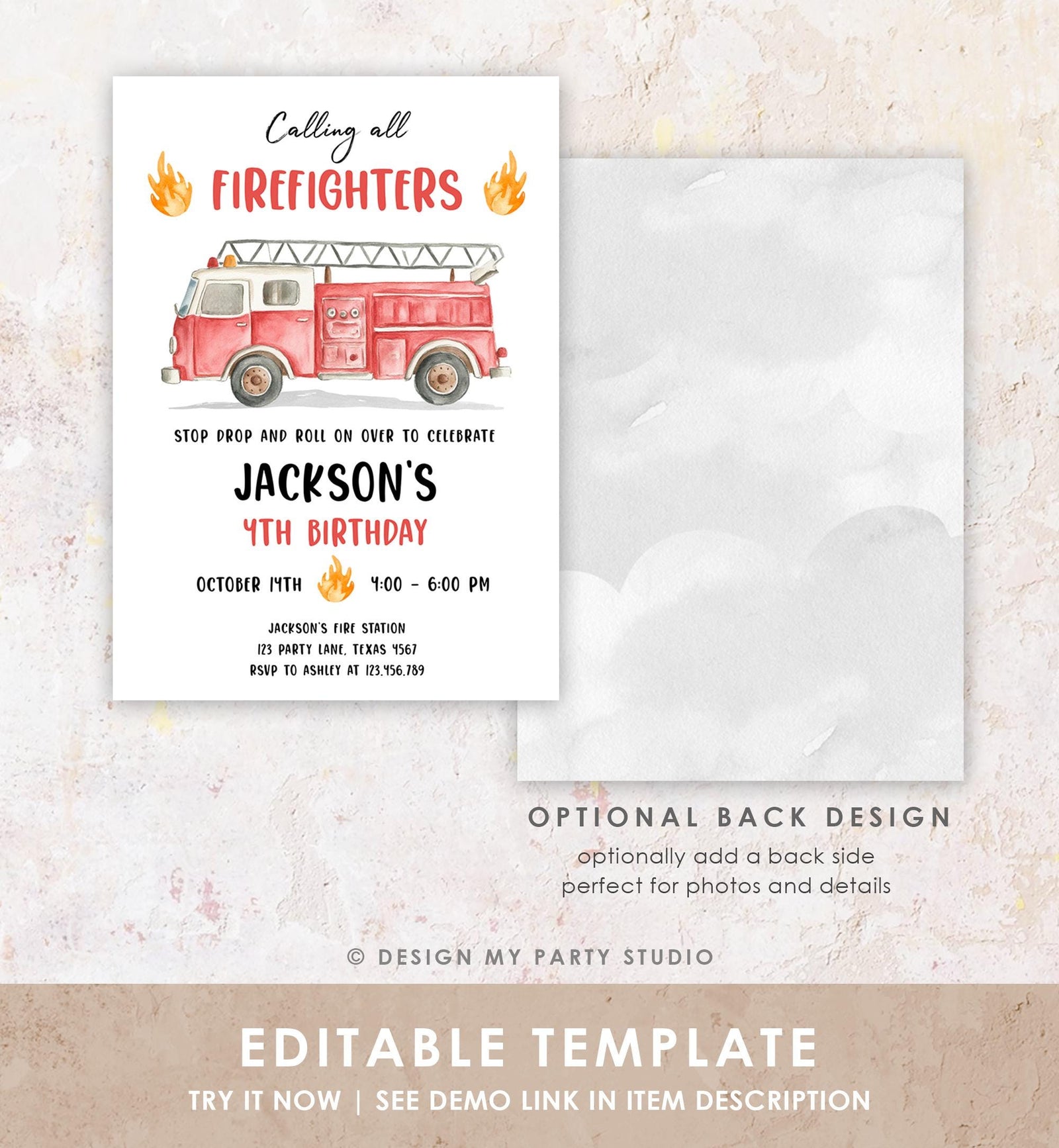 Editable Calling All Firefighters Birthday Invitation Firetruck Fire Truck Boy Birthday Party Digital Download Evite Template Printable 0564