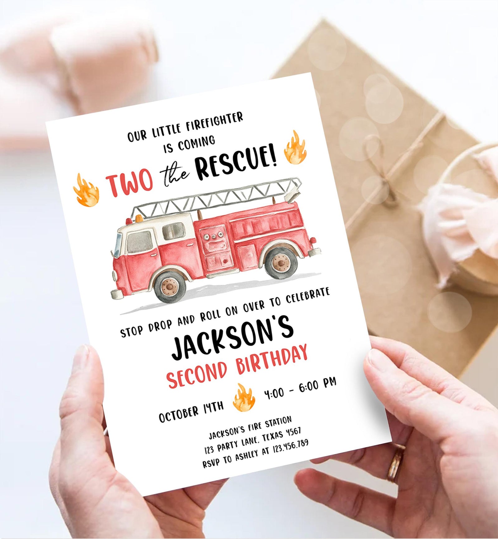 Editable Two the Rescue Birthday Invitation Firetruck Firefighter Boy 2nd Second Birthday Digital Download Evite Template Printable 0564