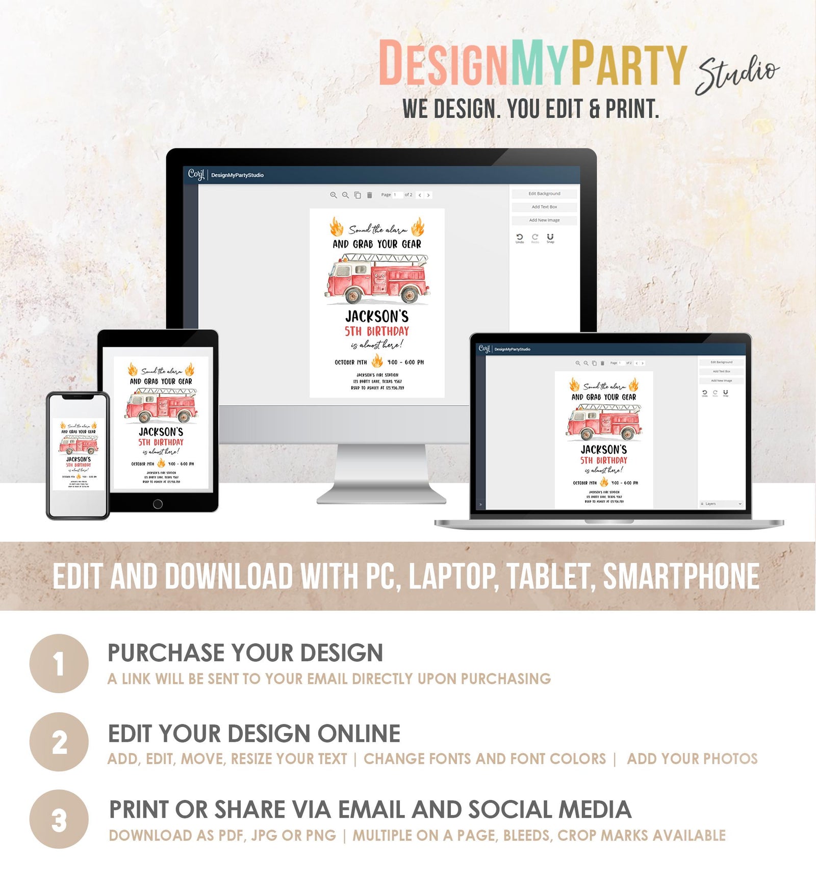 Editable Firetruck Birthday Invitation Boy Fire Truck Firefighter Fire Engine Sound the Alarm Digital Download Evite Template Printable 0564