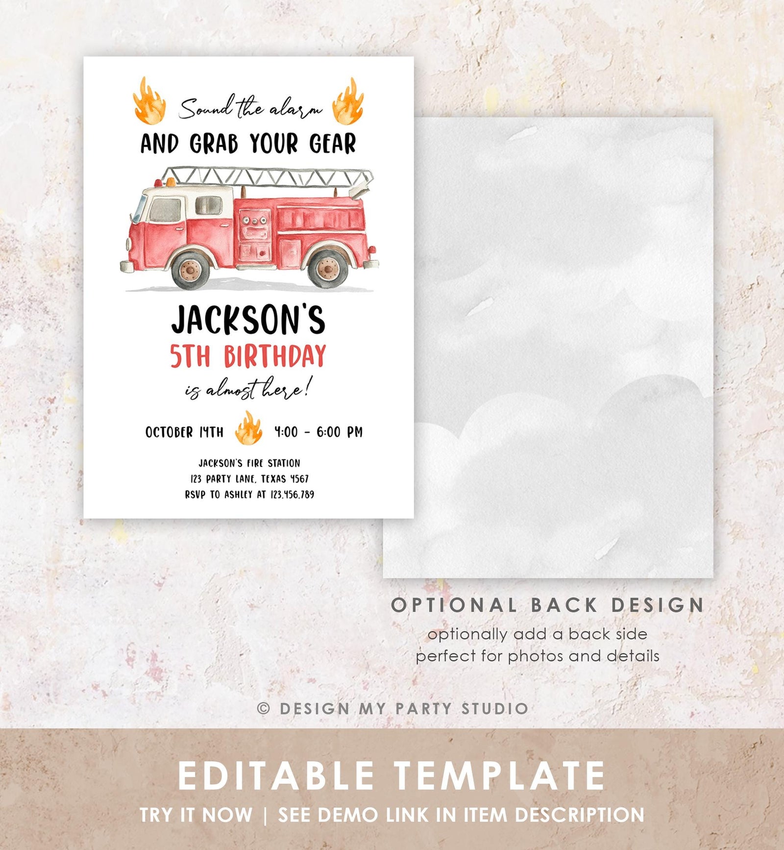 Editable Firetruck Birthday Invitation Boy Fire Truck Firefighter Fire Engine Sound the Alarm Digital Download Evite Template Printable 0564