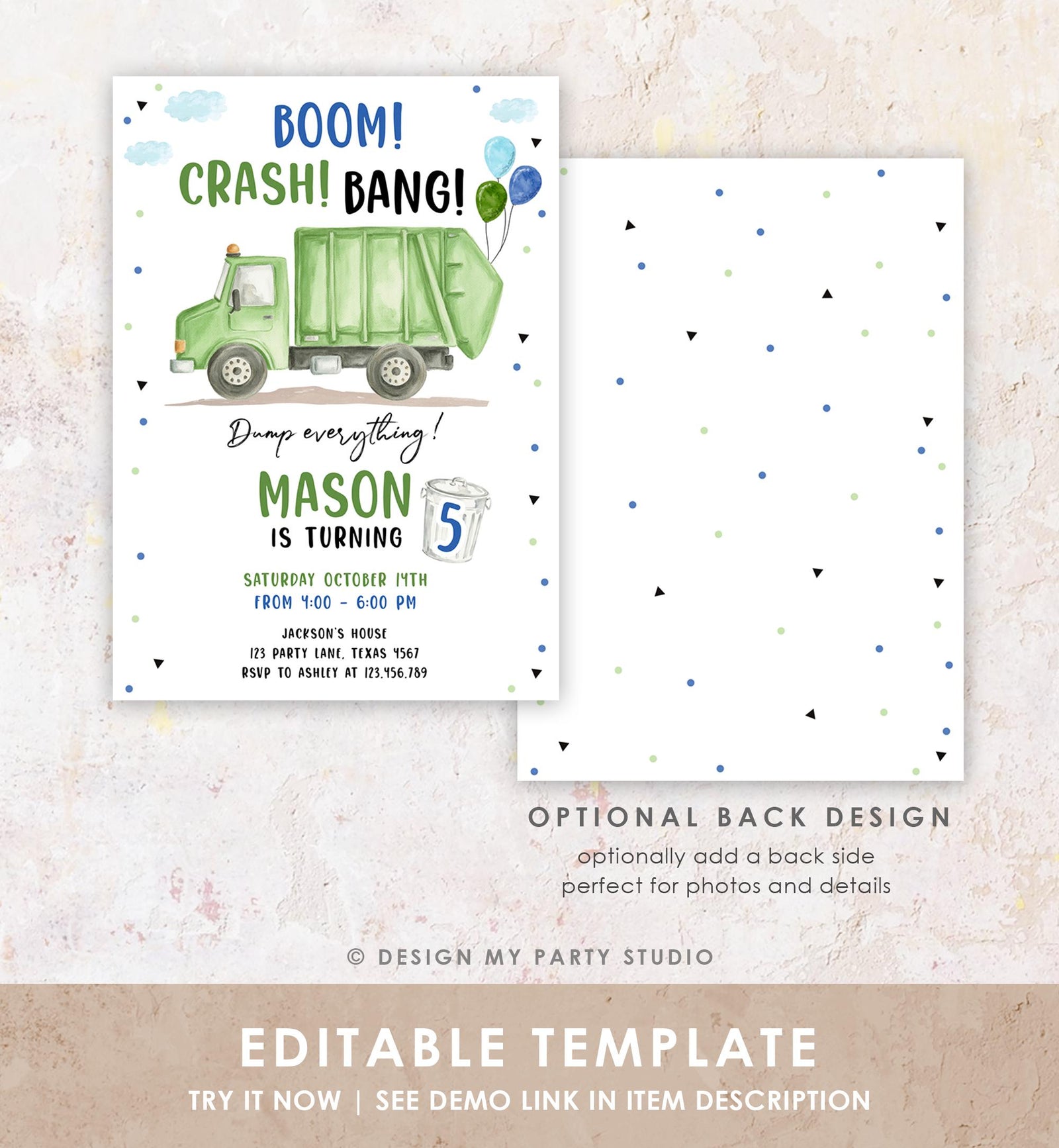 Editable Garbage Truck Birthday Invitation Trash Boom Crash Bang Green Truck Boy Birthday Party Digital Evite Template Printable 0565