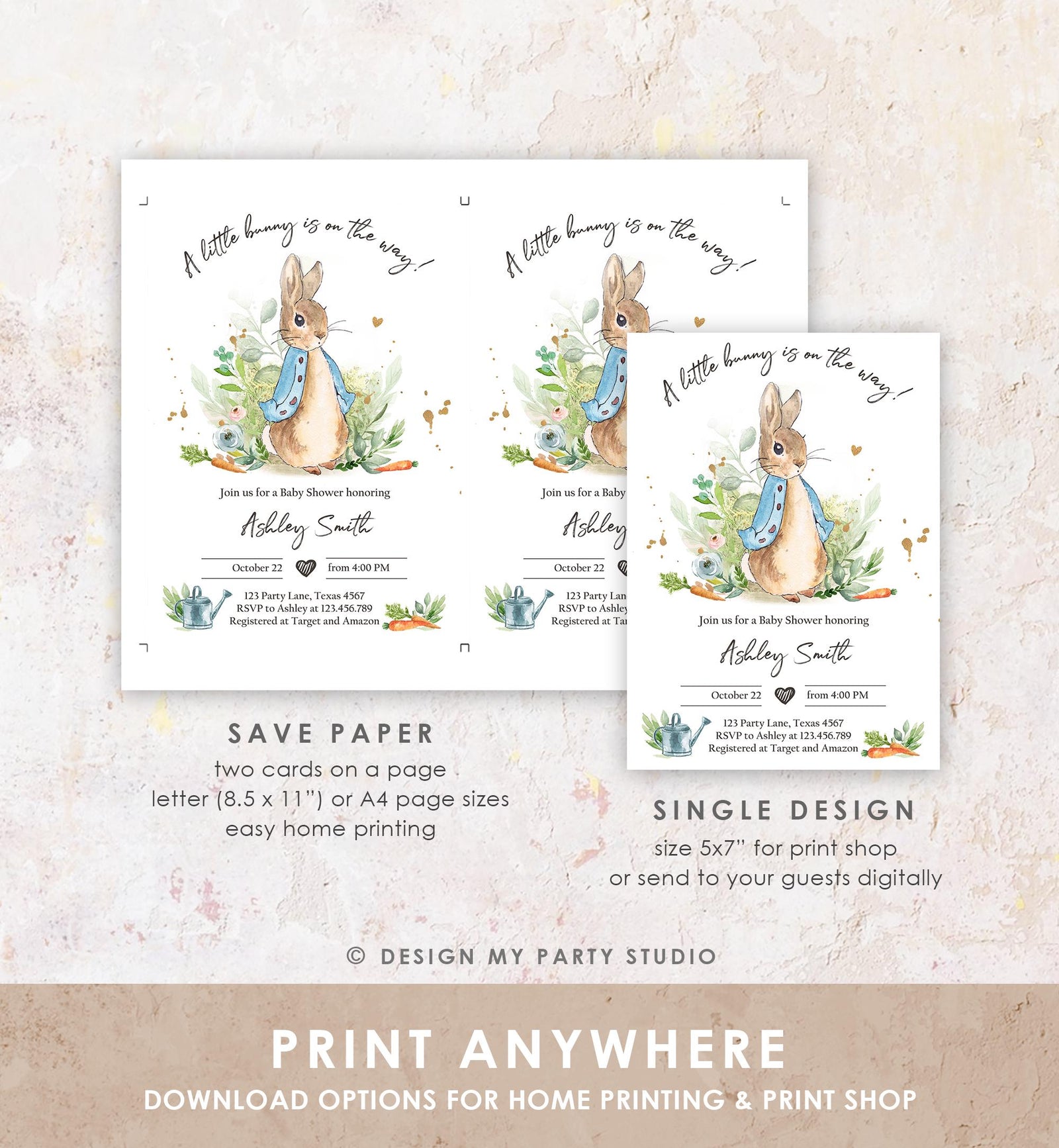 Classic Storybook Rabbit Baby Shower Invitation • Vintage Beatrix Potter Bunny Illustration • Editable Template Digital Evite Printable 0351