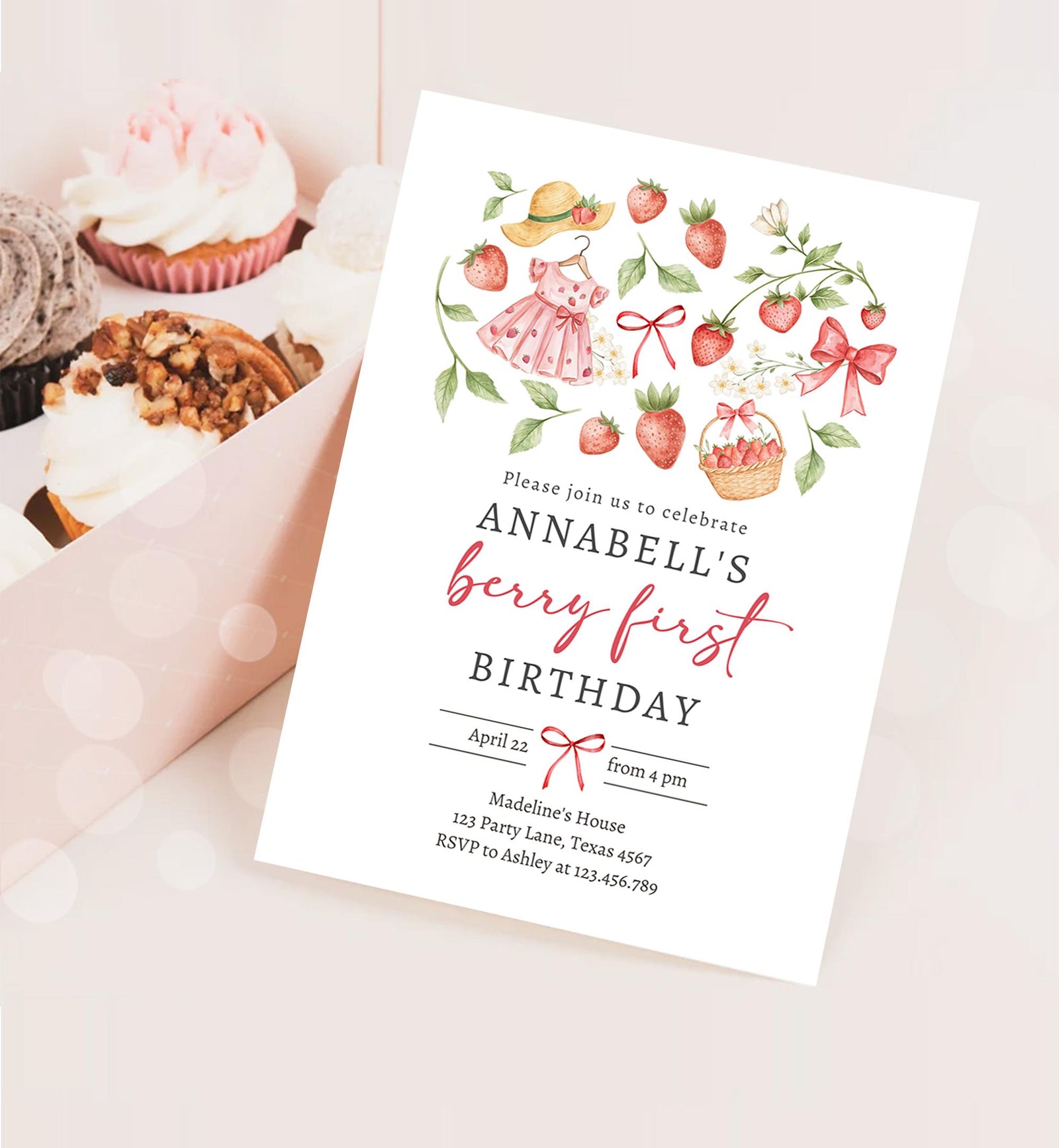 Editable Strawberry Birthday Invitation First Birthday Berry Sweet Girl Cute Strawberries 1st Digital Download Evite Template Printable 0567