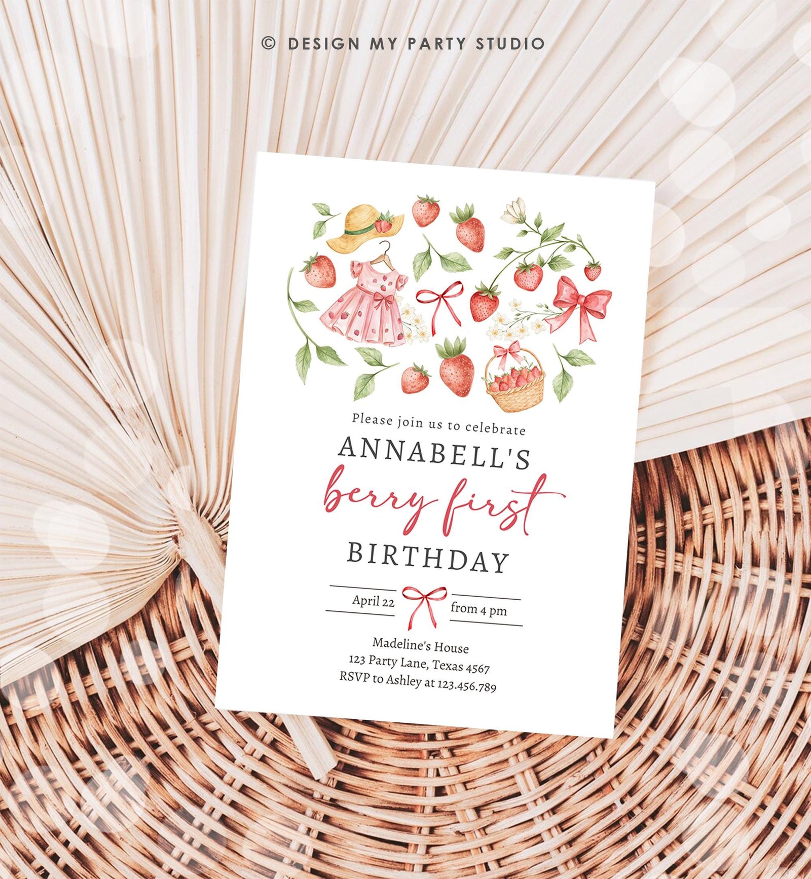 Editable Strawberry Birthday Invitation First Birthday Berry Sweet Girl Cute Strawberries 1st Digital Download Evite Template Printable 0567