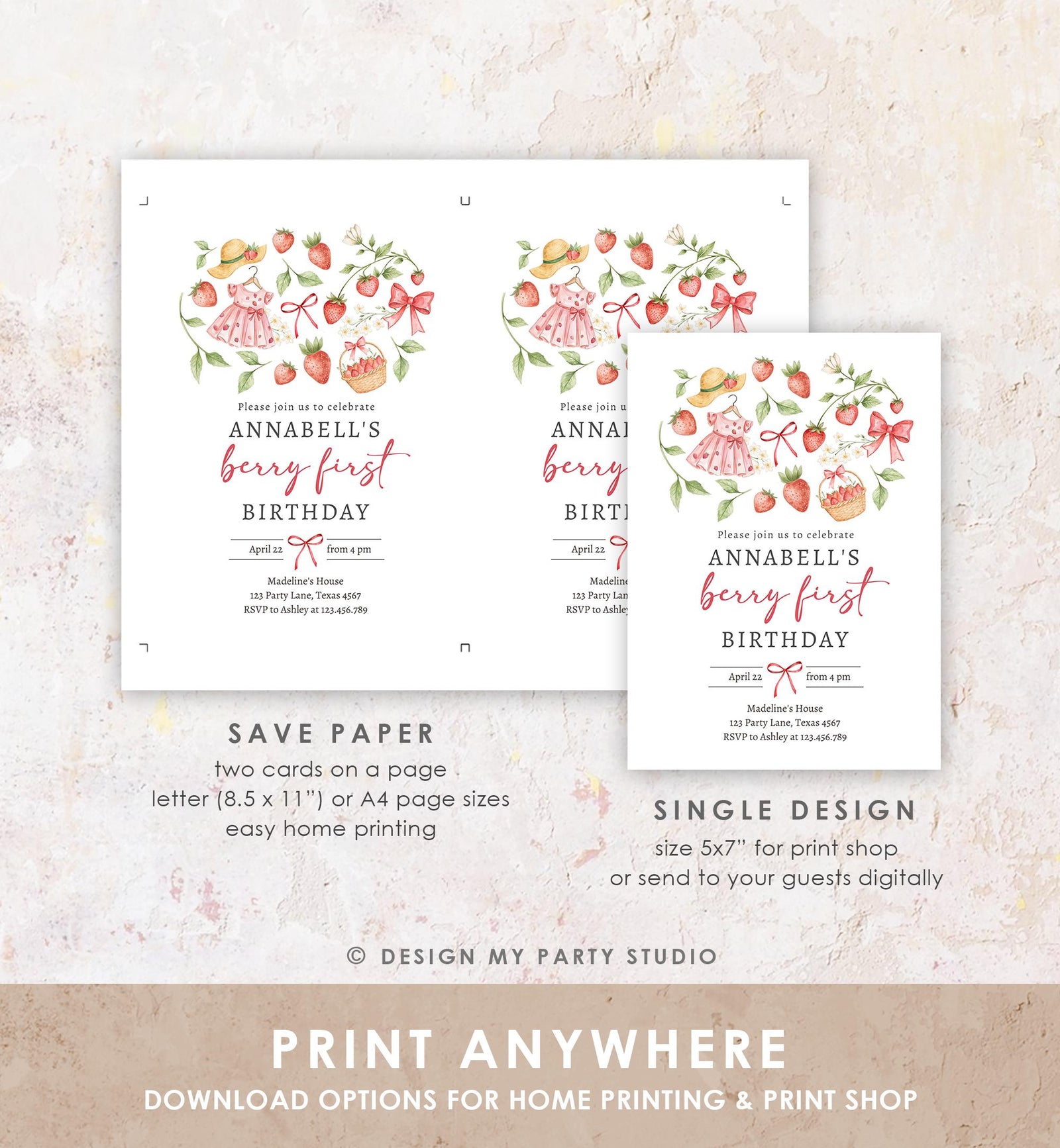 Editable Strawberry Birthday Invitation First Birthday Berry Sweet Girl Cute Strawberries 1st Digital Download Evite Template Printable 0567