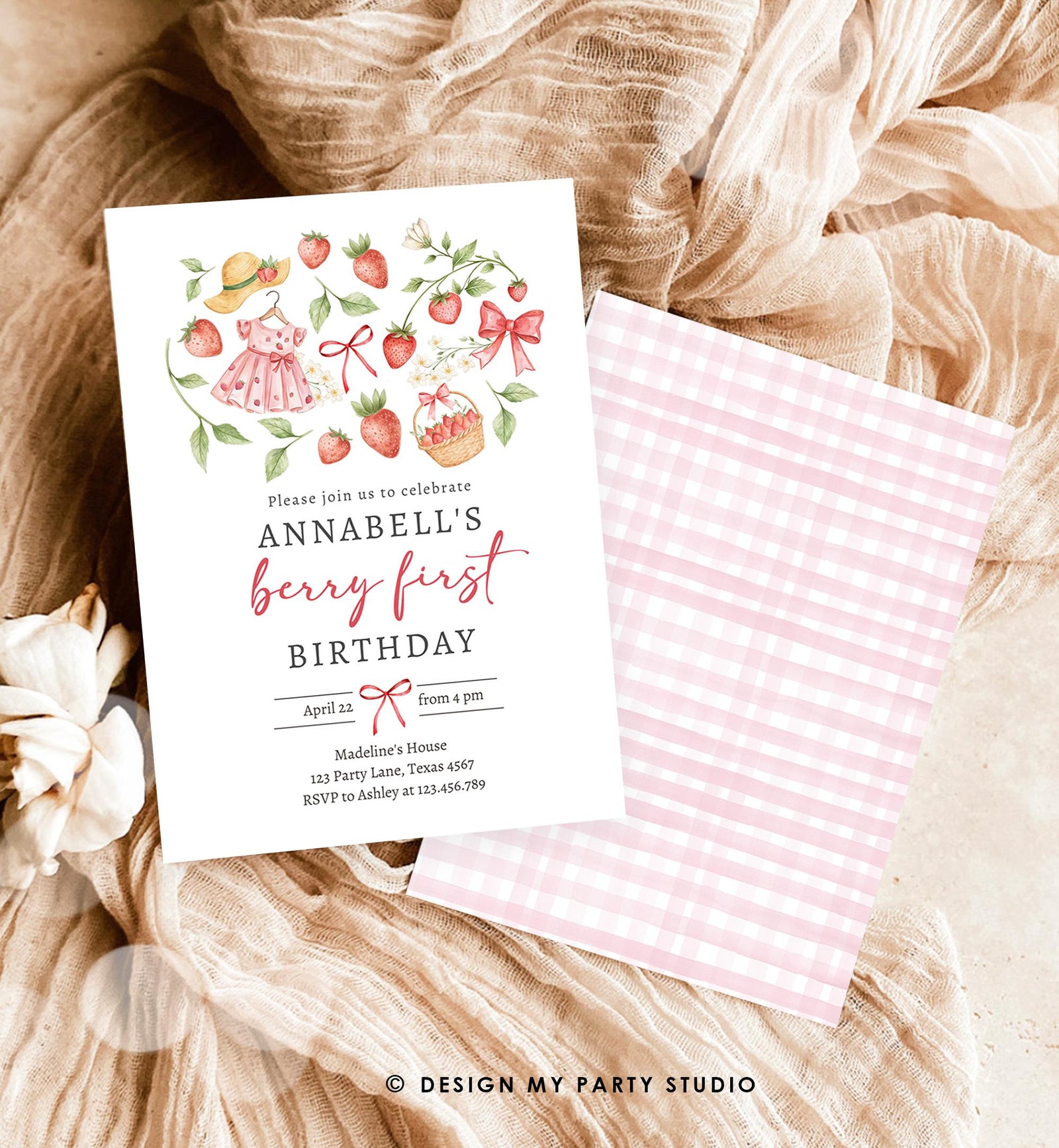 Editable Strawberry Birthday Invitation First Birthday Berry Sweet Girl Cute Strawberries 1st Digital Download Evite Template Printable 0567