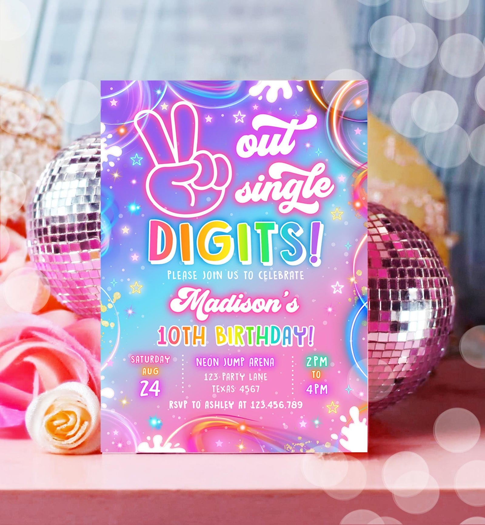 Editable Peace Out Single Digits Birthday Invitation Neon Glow Disco Girl 10th Birthday Party Digital Download Evite Template Printable 0568