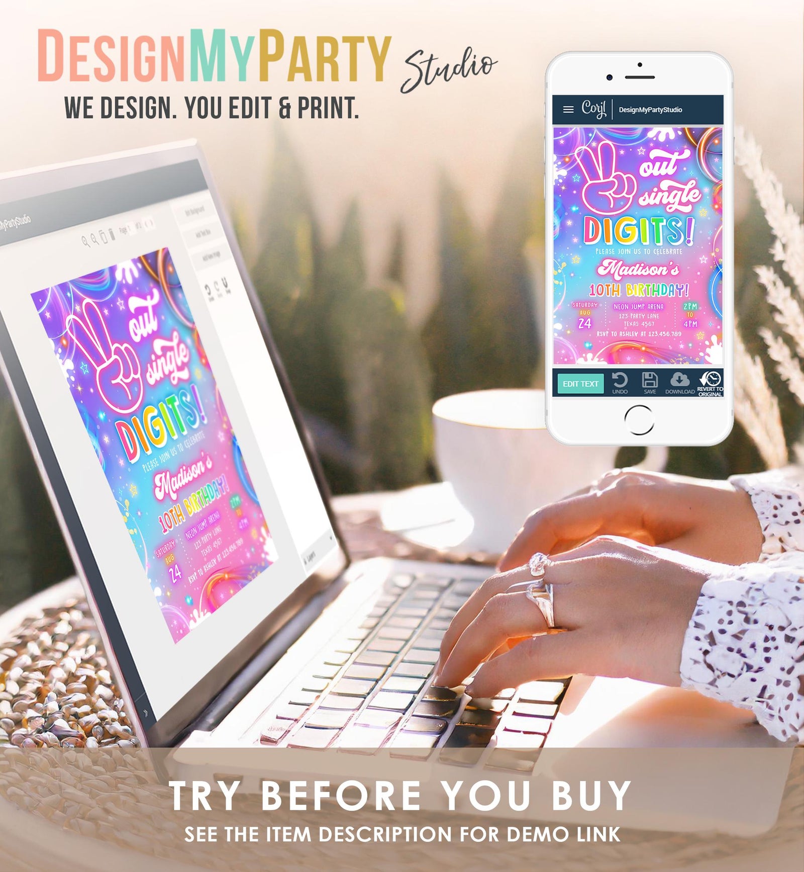 Editable Peace Out Single Digits Birthday Invitation Neon Glow Disco Girl 10th Birthday Party Digital Download Evite Template Printable 0568