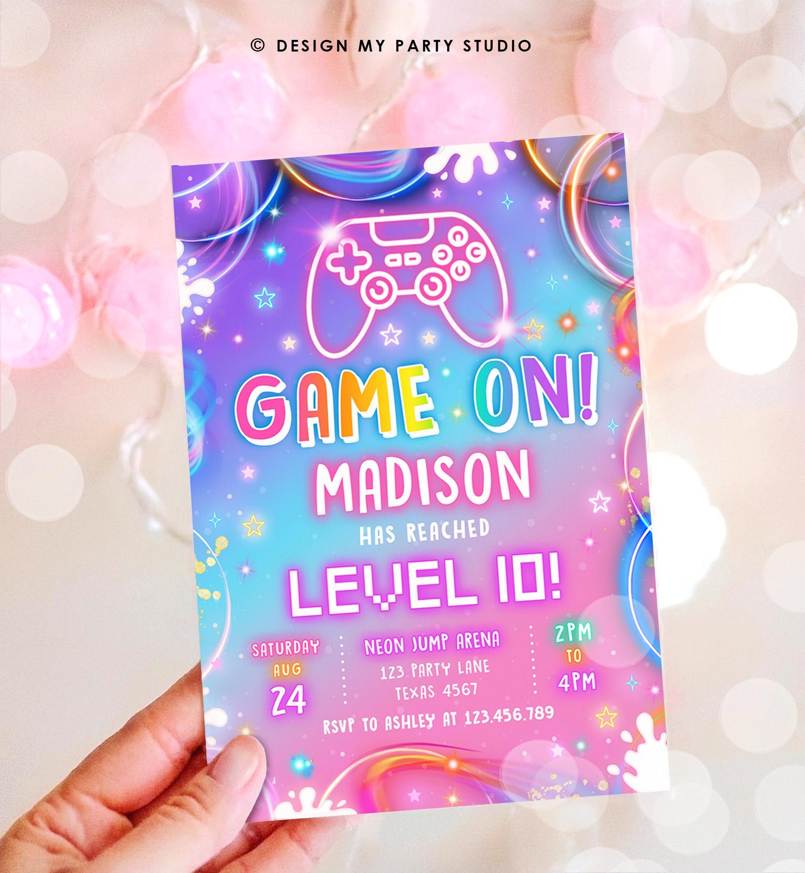 Editable Game On Birthday Invitation Video Game Gamer Level Up Neon Glow Girl Epic Play Party Fun Digital Evite Template Printable 0568