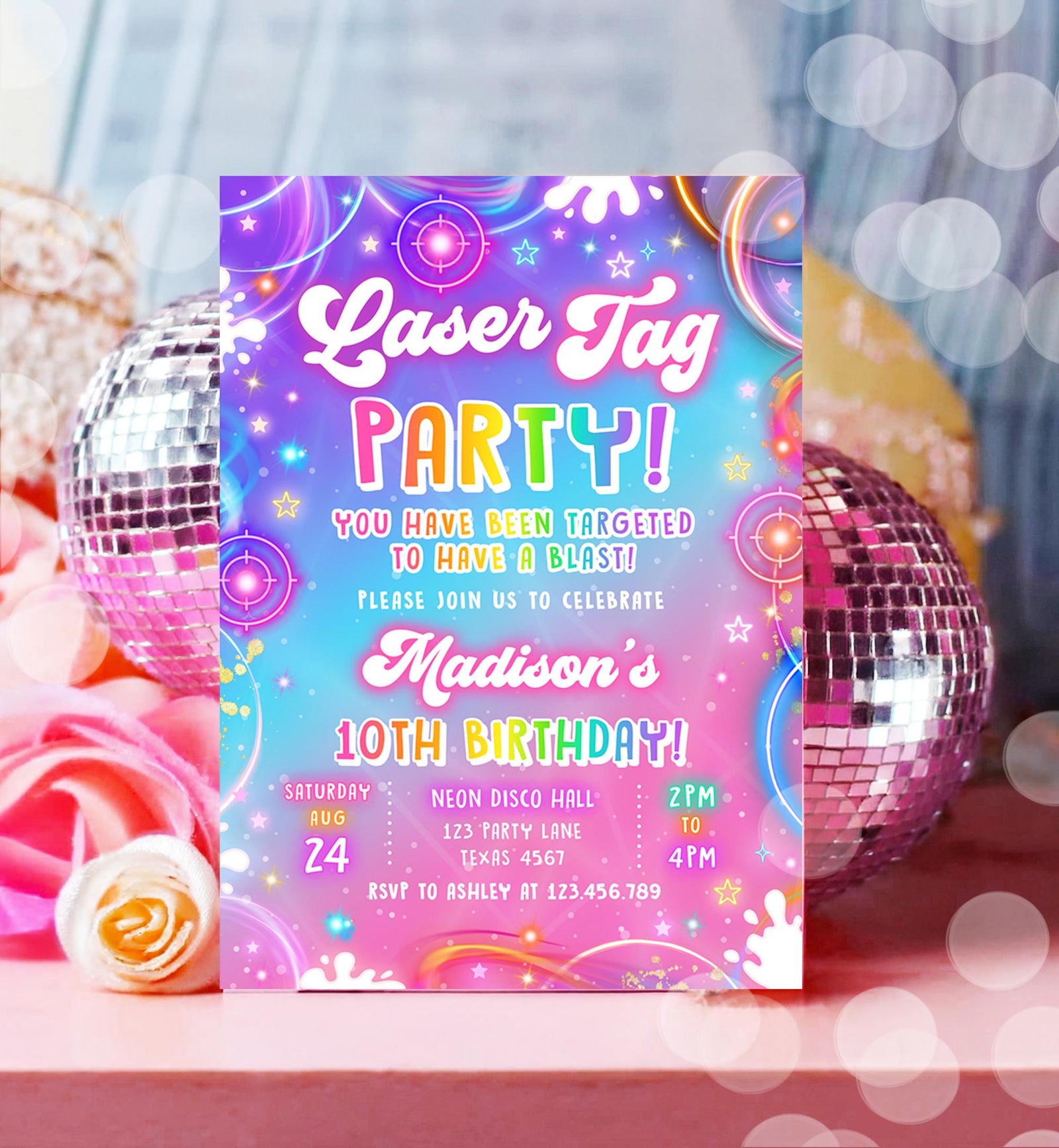 Editable Laser Tag Birthday Invitation Girl Game Gamer Level Up Neon Glow Girl Epic Play Party Fun Digital Evite Template Printable 0568