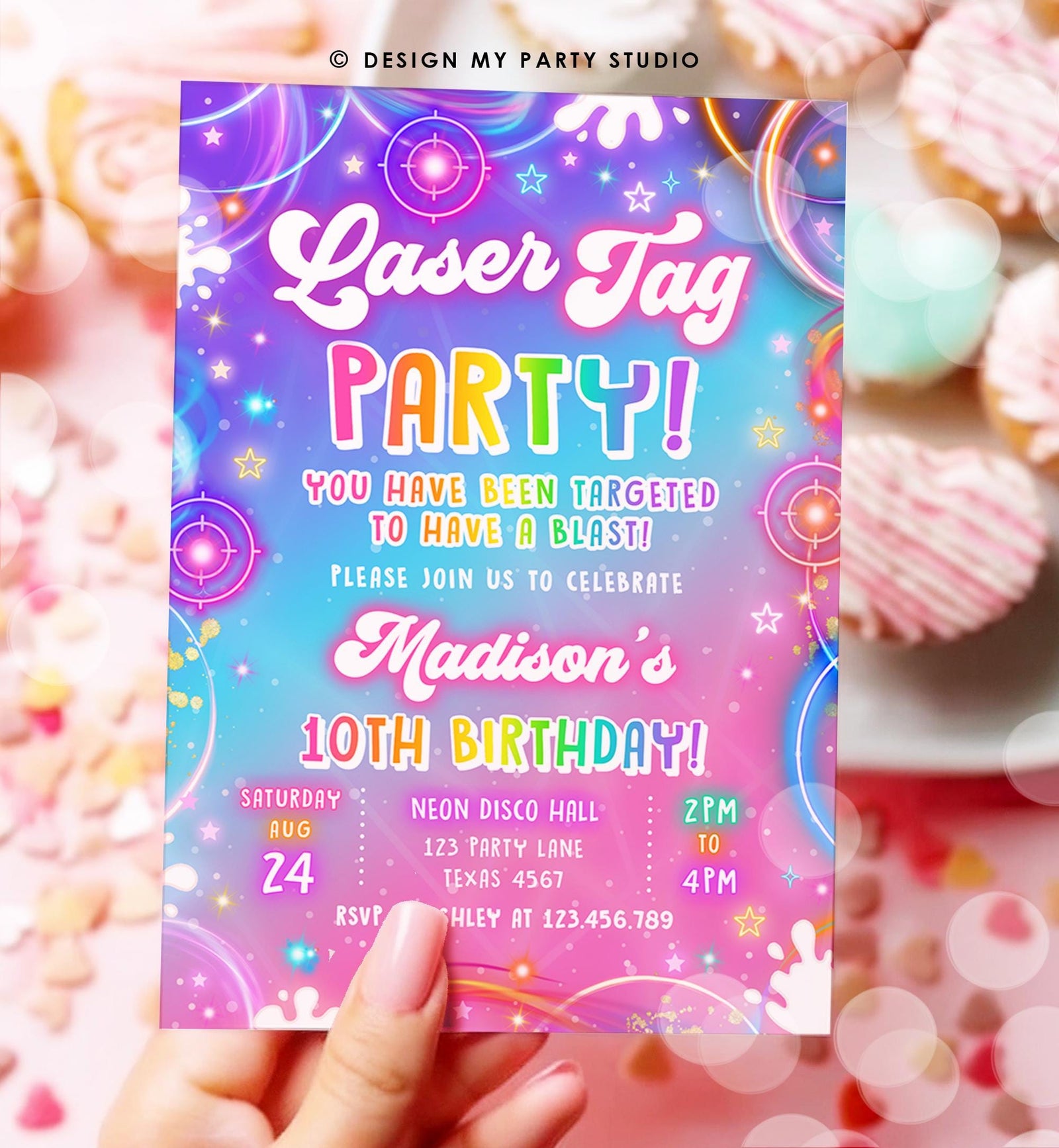 Editable Laser Tag Birthday Invitation Girl Game Gamer Level Up Neon Glow Girl Epic Play Party Fun Digital Evite Template Printable 0568