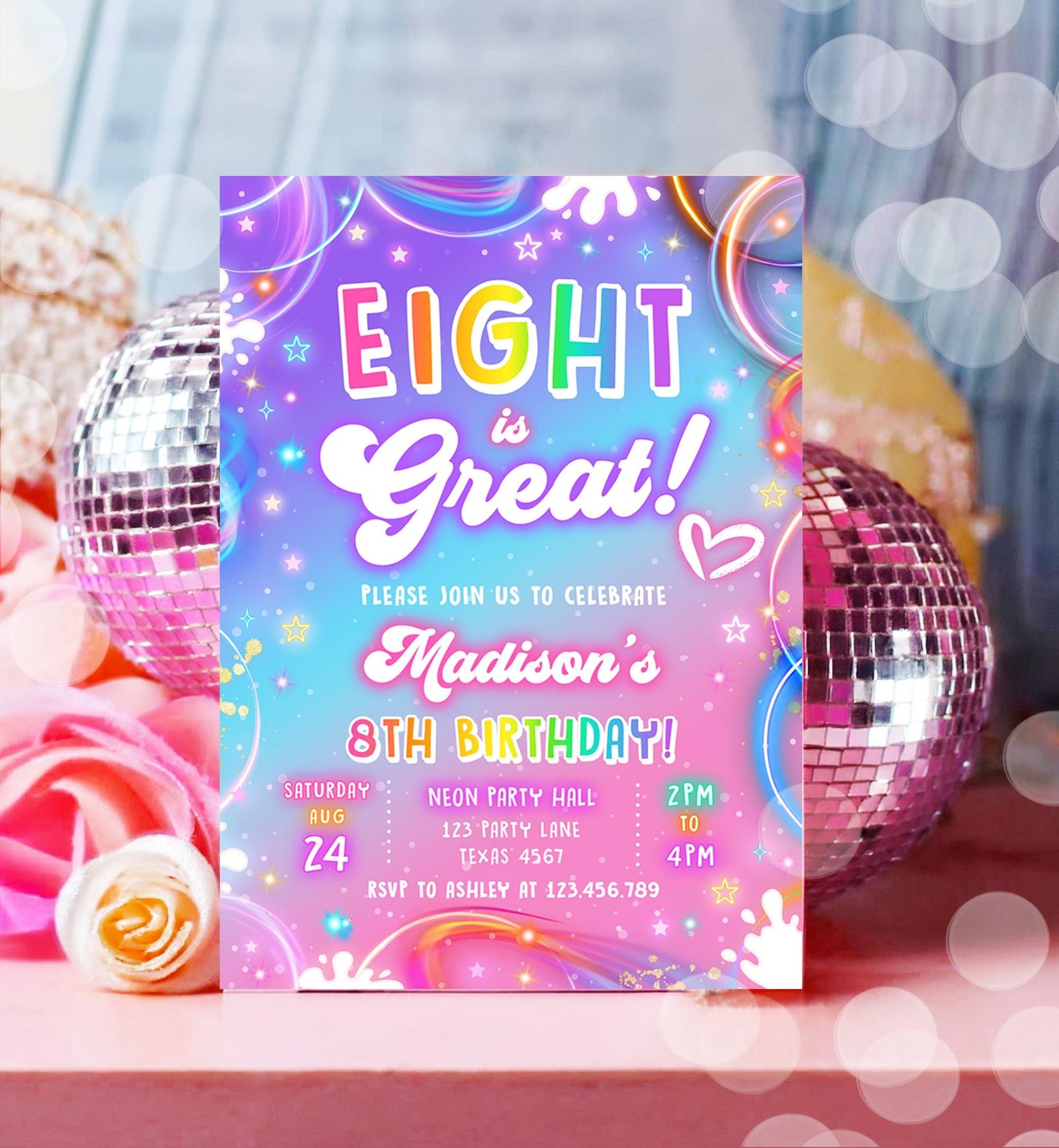 Editable Eight is Great Birthday Invitation Girl Retro Groovy Vibe 8th Neon Glow Girl Party Digital Evite Template Printable 0568
