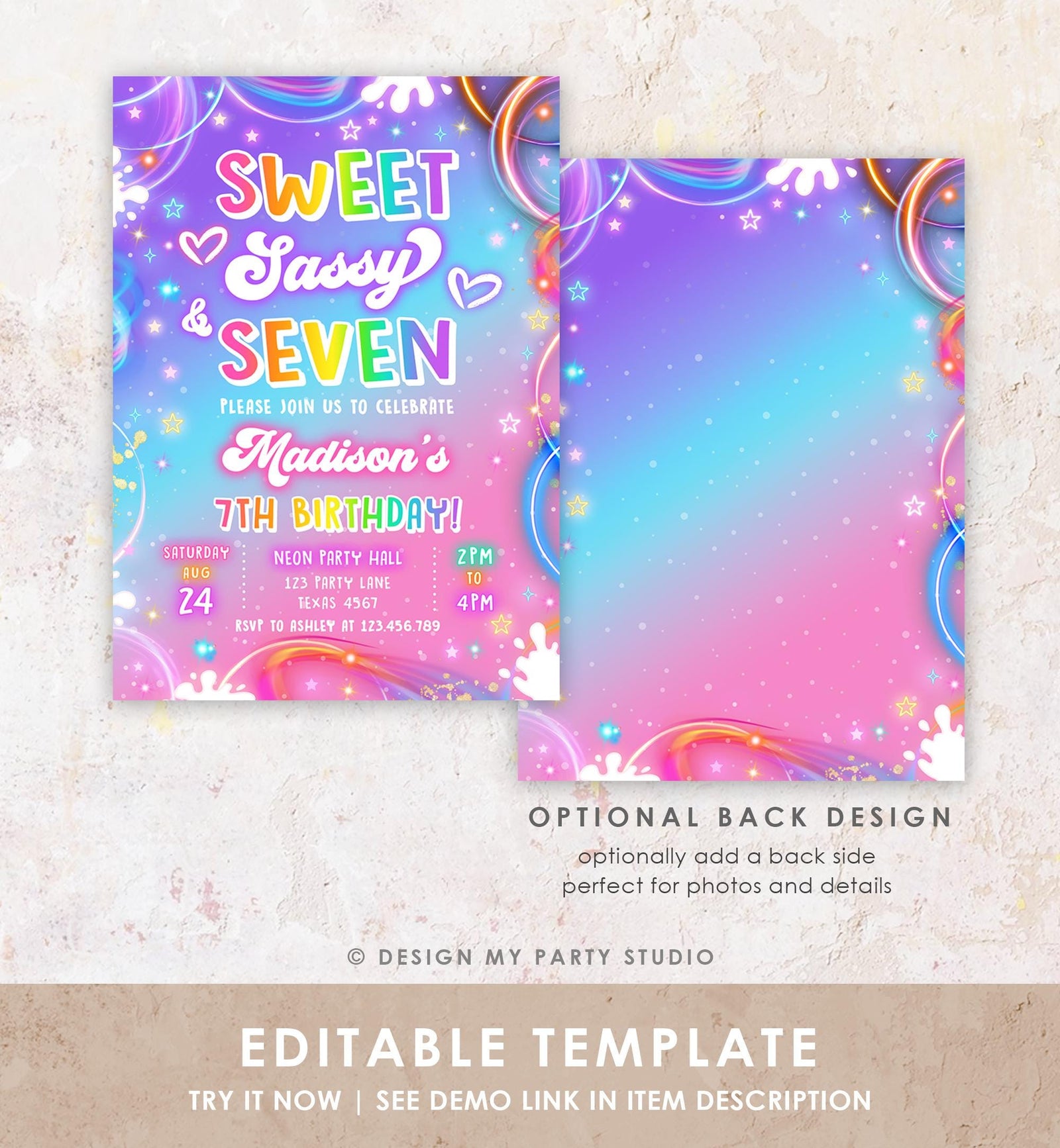 Editable Sweet Sassy And Seven Birthday Invitation 67 Girl Retro Groovy Vibe 7th Neon Glow Girl Party Digital Evite Template Printable 0568