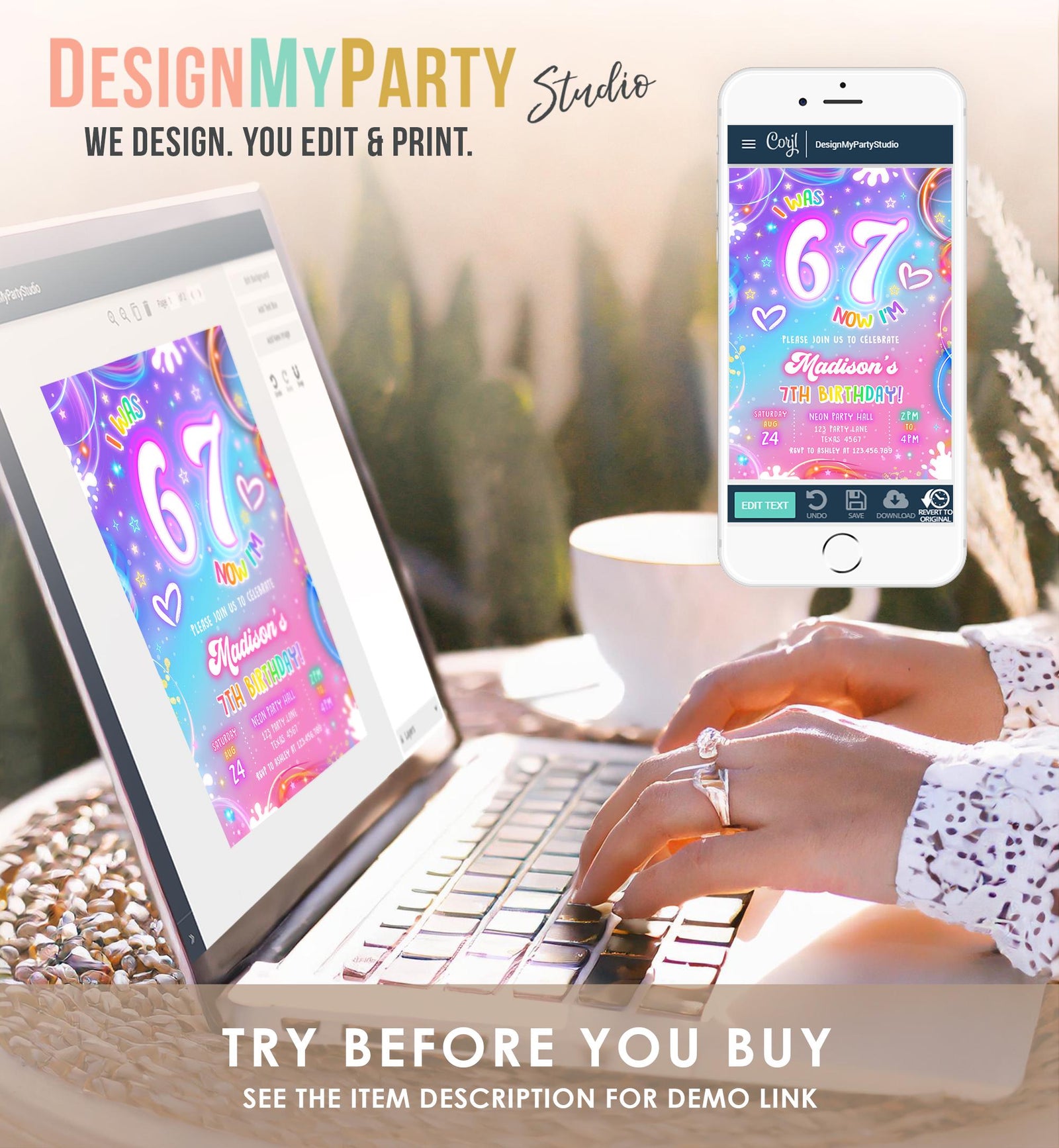 Editable 6 7 Birthday Invitation Girl 7th Retro Groovy Vibe Six Seven Neon Glow Girl Party Digital Evite Template Printable 0568