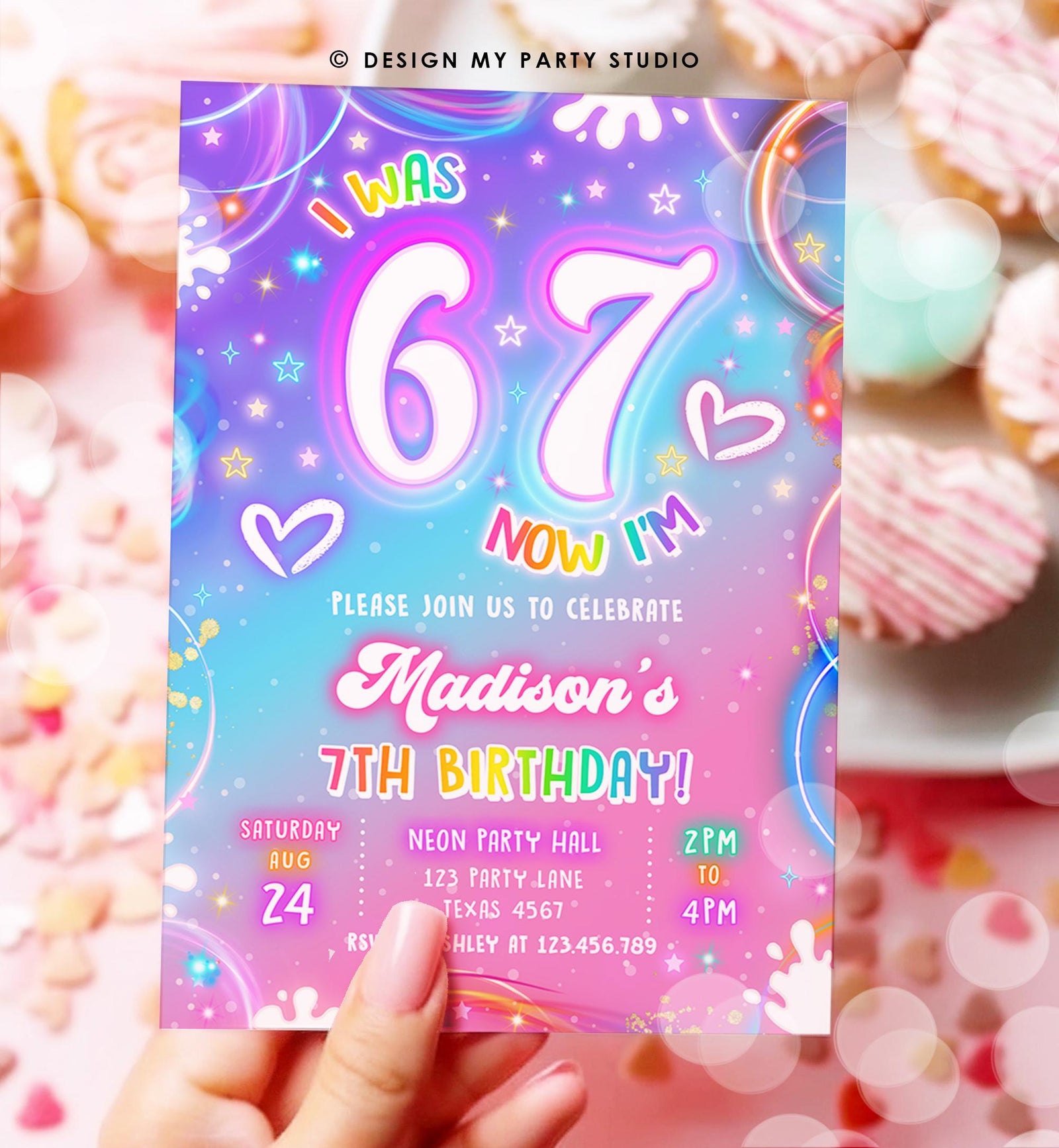 Editable 6 7 Birthday Invitation Girl 7th Retro Groovy Vibe Six Seven Neon Glow Girl Party Digital Evite Template Printable 0568