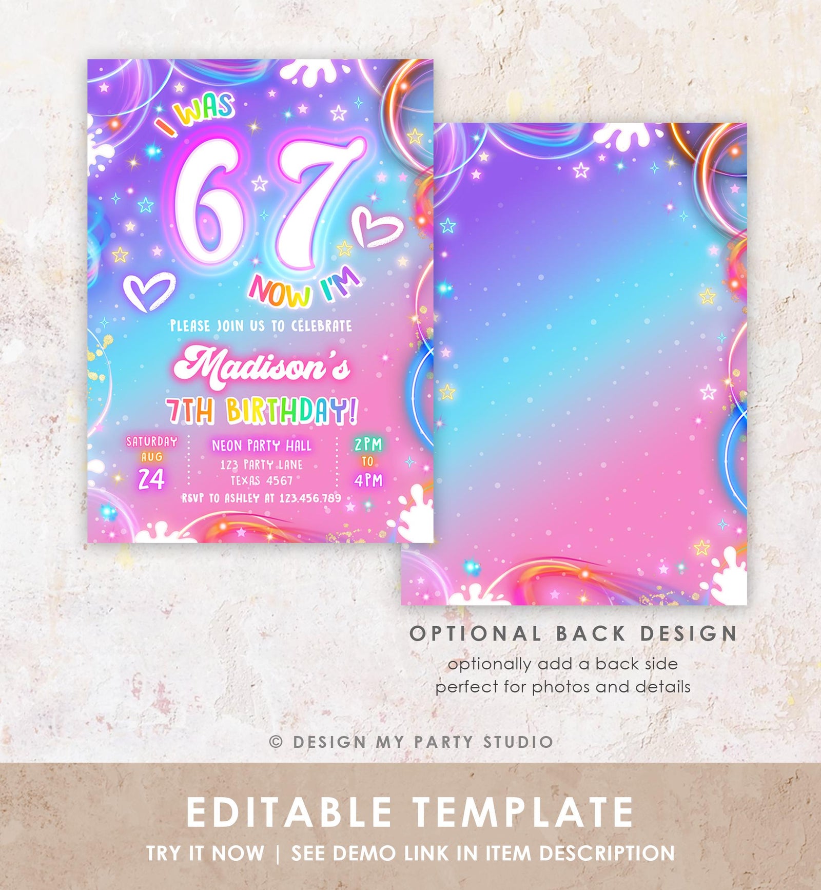 Editable 6 7 Birthday Invitation Girl 7th Retro Groovy Vibe Six Seven Neon Glow Girl Party Digital Evite Template Printable 0568