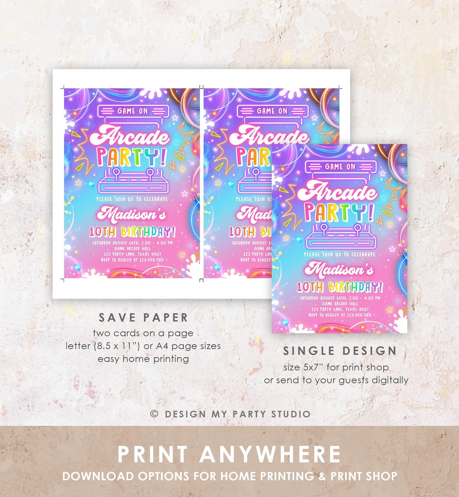 Editable Arcade Party Birthday Invitation Girl Game Gamer Level Up Neon Glow Girl Epic Play Party Fun Digital Evite Template Printable 0568