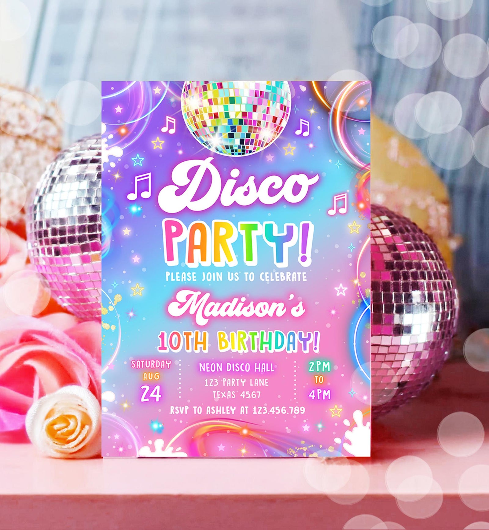 Editable Disco Party Birthday Invitation Neon Glow Let's Glow Crazy Girl Retro Groovy Digital Download Evite Template Printable 0568