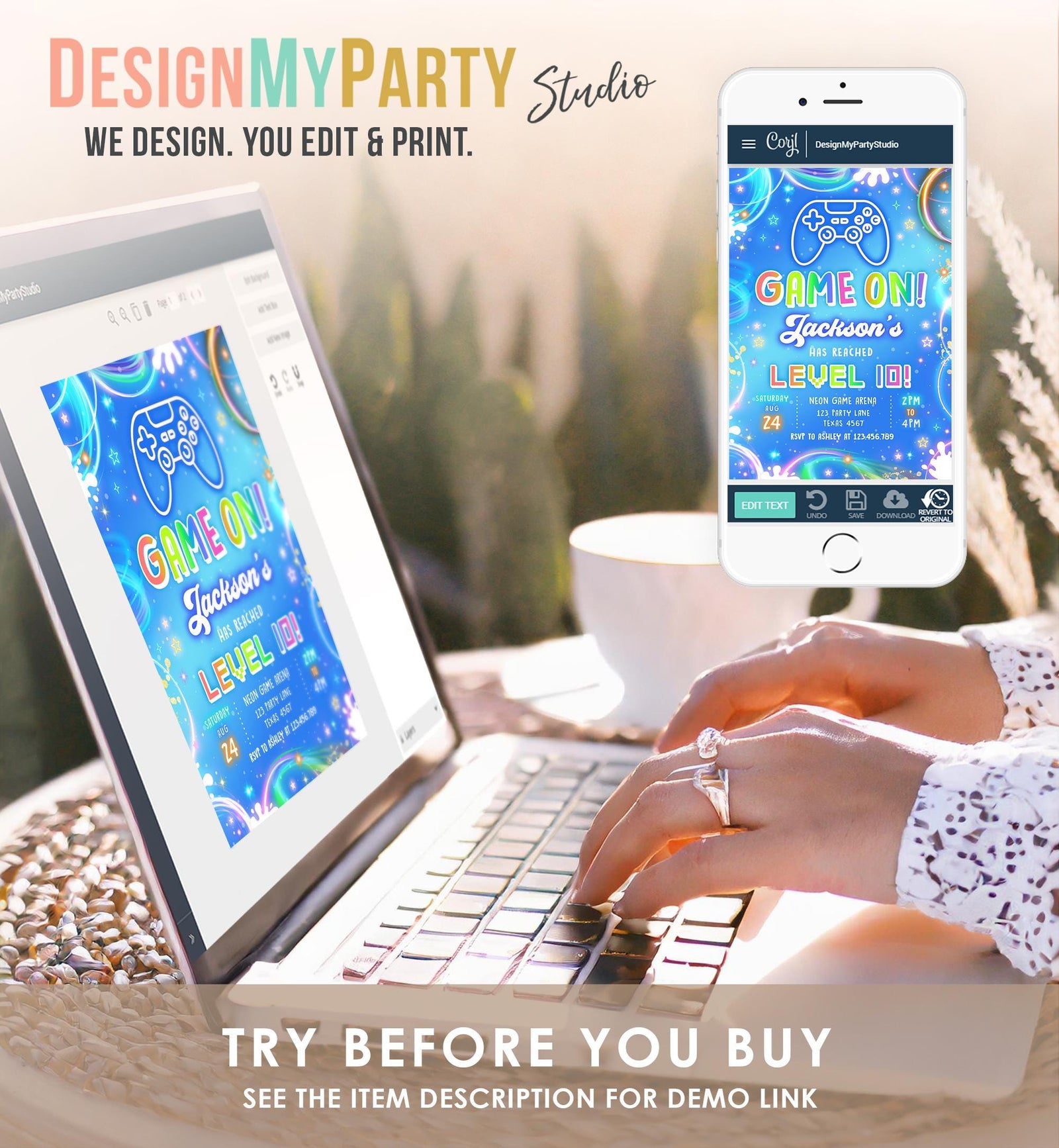 Editable Game On Birthday Invitation Video Game Gamer Level Up Neon Glow Boy Epic Play Party Fun Digital Evite Template Printable 0568