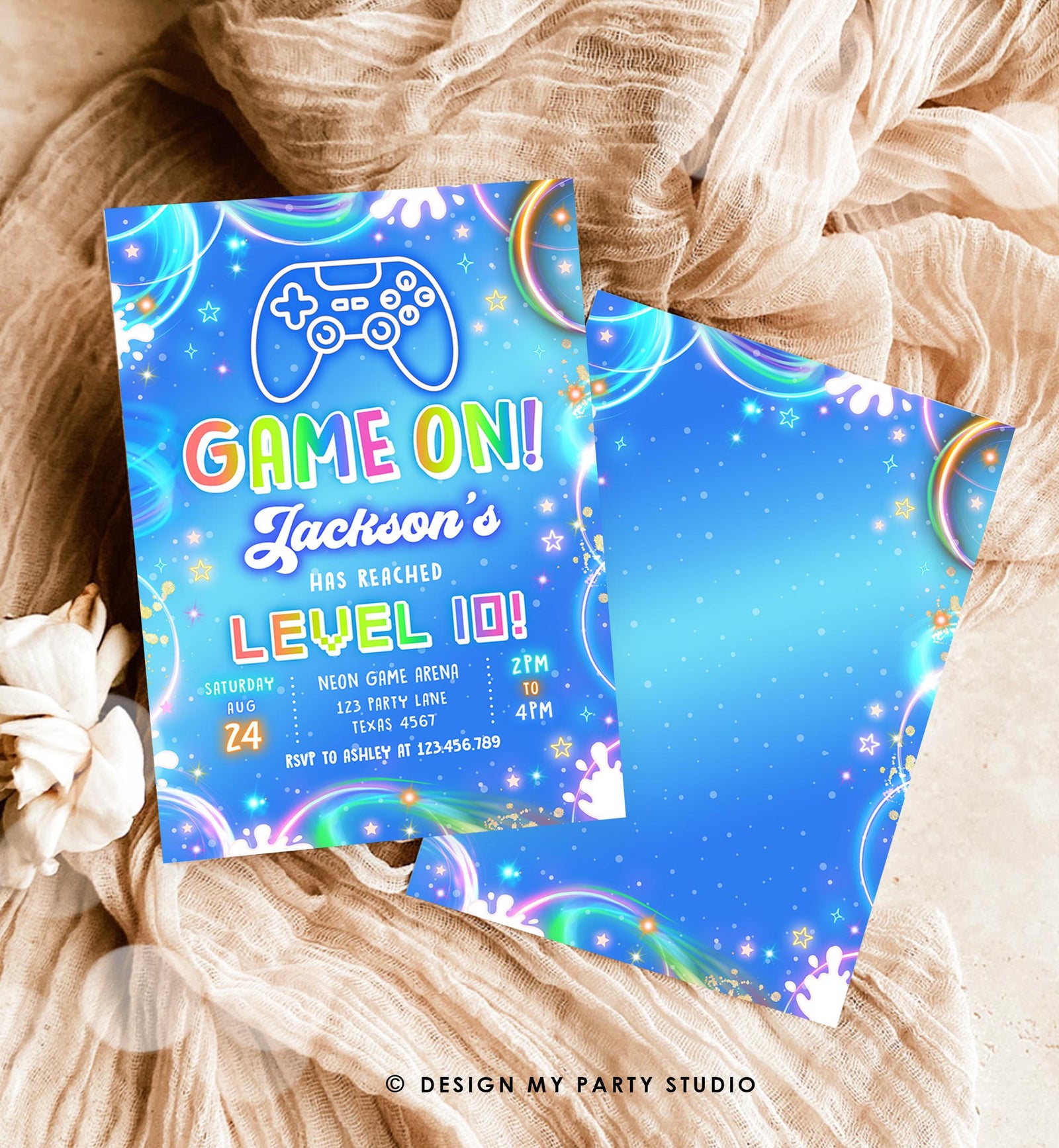 Editable Game On Birthday Invitation Video Game Gamer Level Up Neon Glow Boy Epic Play Party Fun Digital Evite Template Printable 0568
