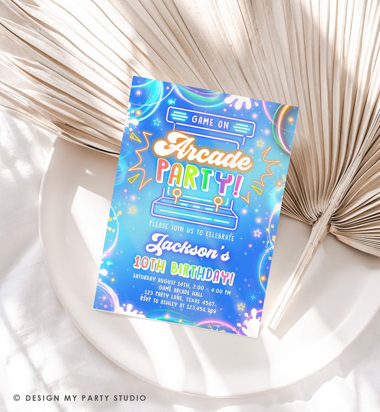 Editable Arcade Party Birthday Invitation Boy Game Gamer Level Up Neon Glow Blue Epic Play Party Fun Digital Evite Template Printable 0568