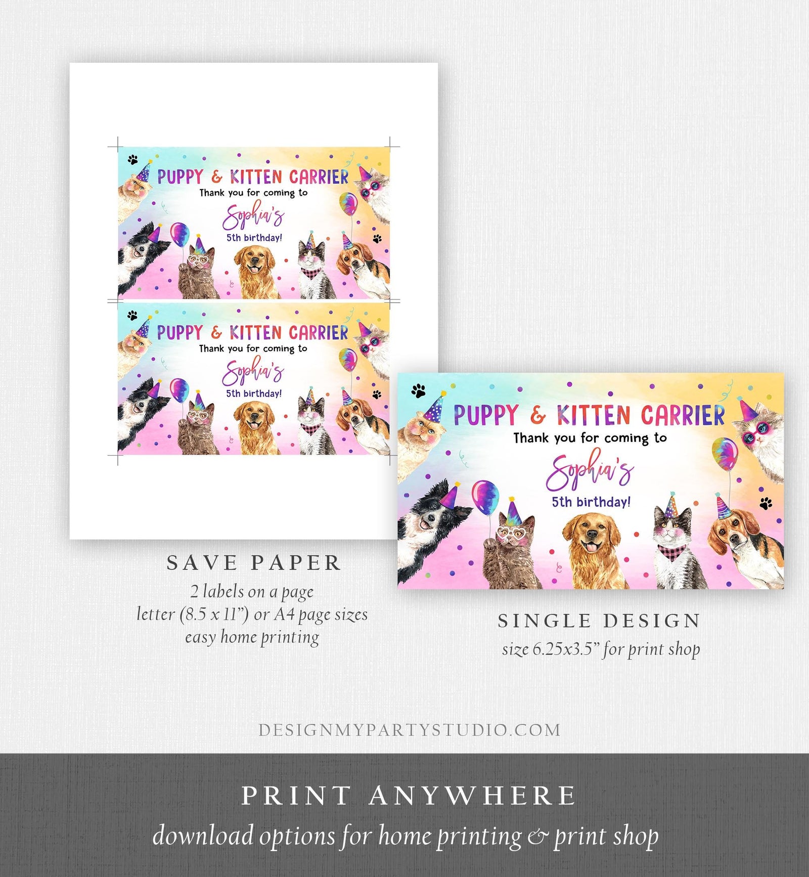 Editable Puppy Kitten Carrier Box Favor Label Cats Dogs Birthday Box Adopt a Puppy Kitten Pet Party Animals Digital Template Printable 0460