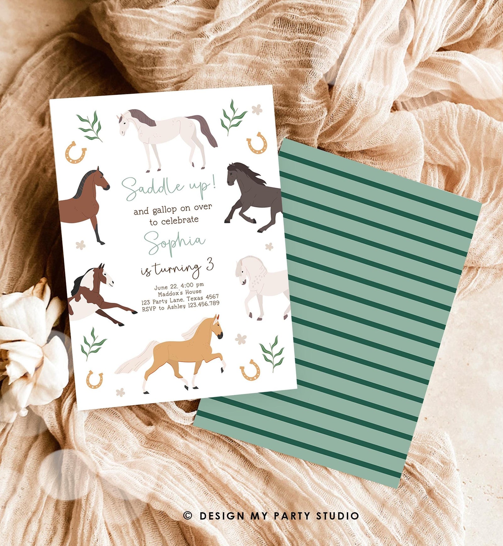 Editable Horse Birthday Invitation Boy Girl Saddle Up Cowgirl Cowboy Horse Party Green Pony Floral Digital Evite Template Printable 0513
