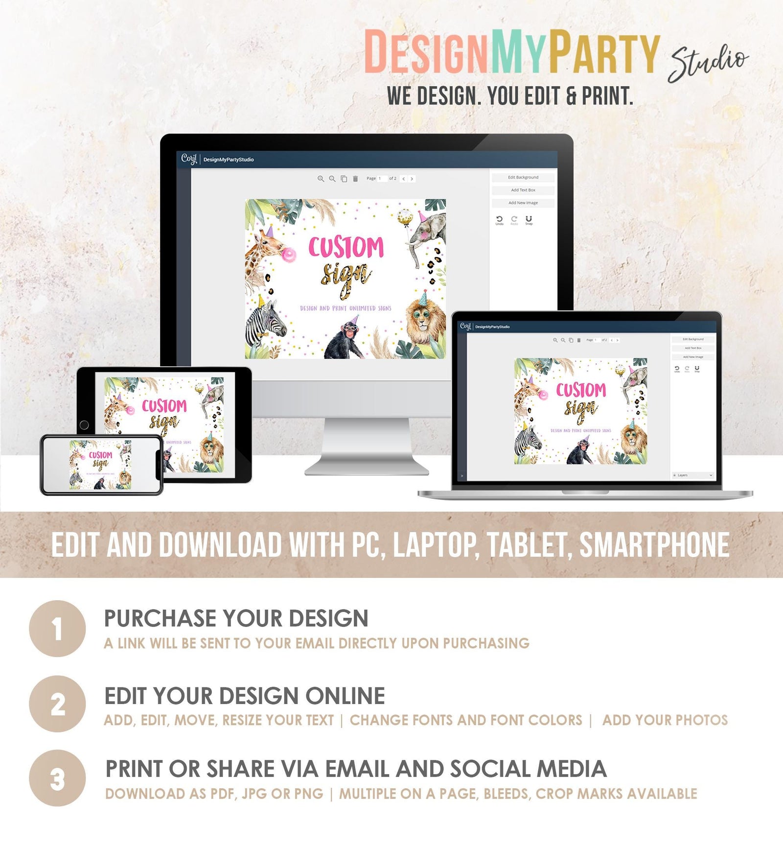 Editable Custom Sign Party Animals Sign Wild One Animals Decor Zoo Safari Animals Girl Table Decoration Download Template Printable 0417