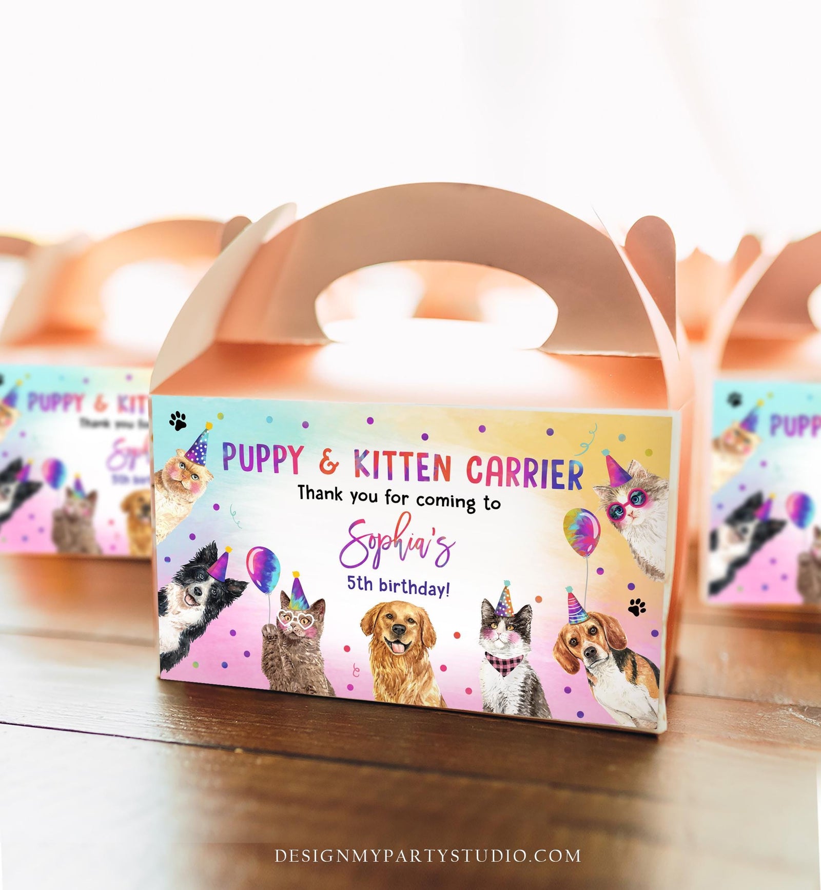 Editable Puppy Kitten Carrier Box Favor Label Cats Dogs Birthday Box Adopt a Puppy Kitten Pet Party Animals Digital Template Printable 0460