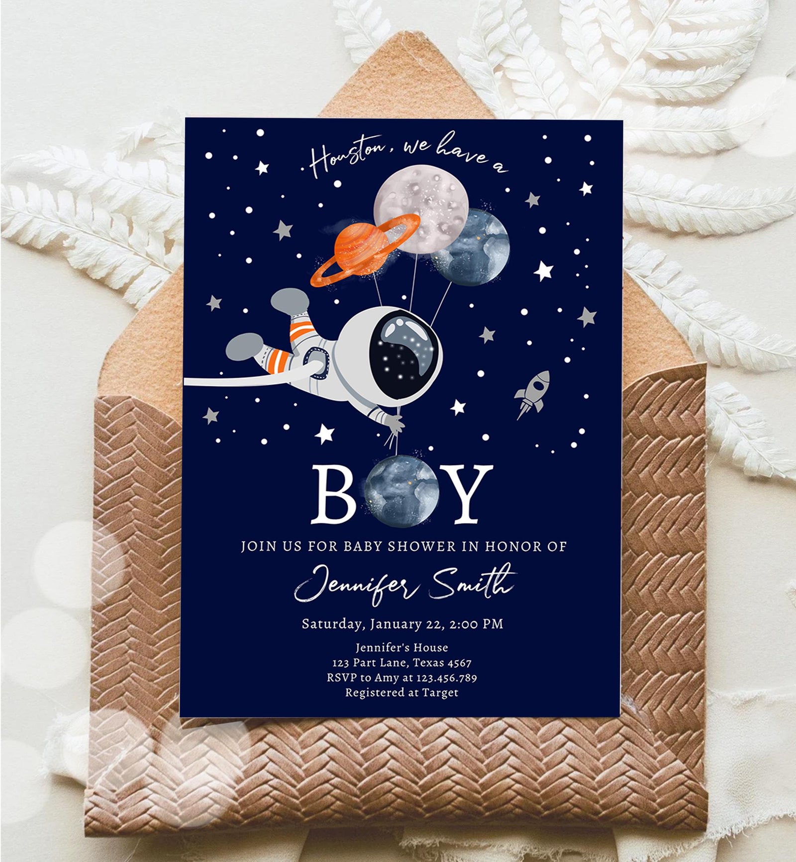 Editable Space Astronaut Baby Shower Invitation Galaxy Houston It's a Boy Blue Planets Moon Countdown Digital Evite Template Printable 0366