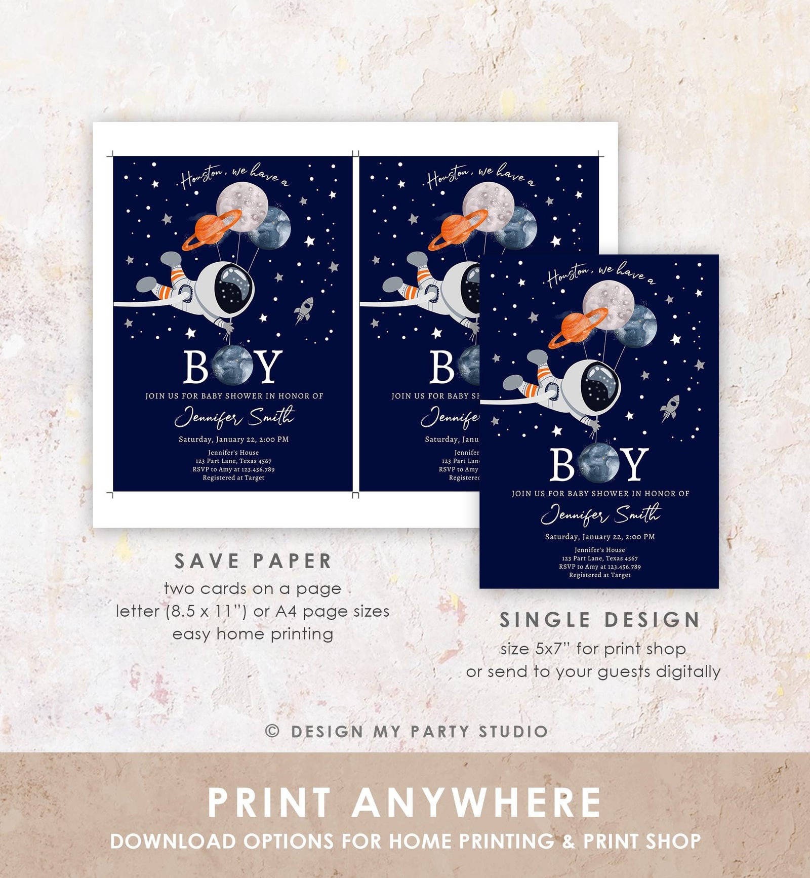 Editable Space Astronaut Baby Shower Invitation Galaxy Houston It's a Boy Blue Planets Moon Countdown Digital Evite Template Printable 0366