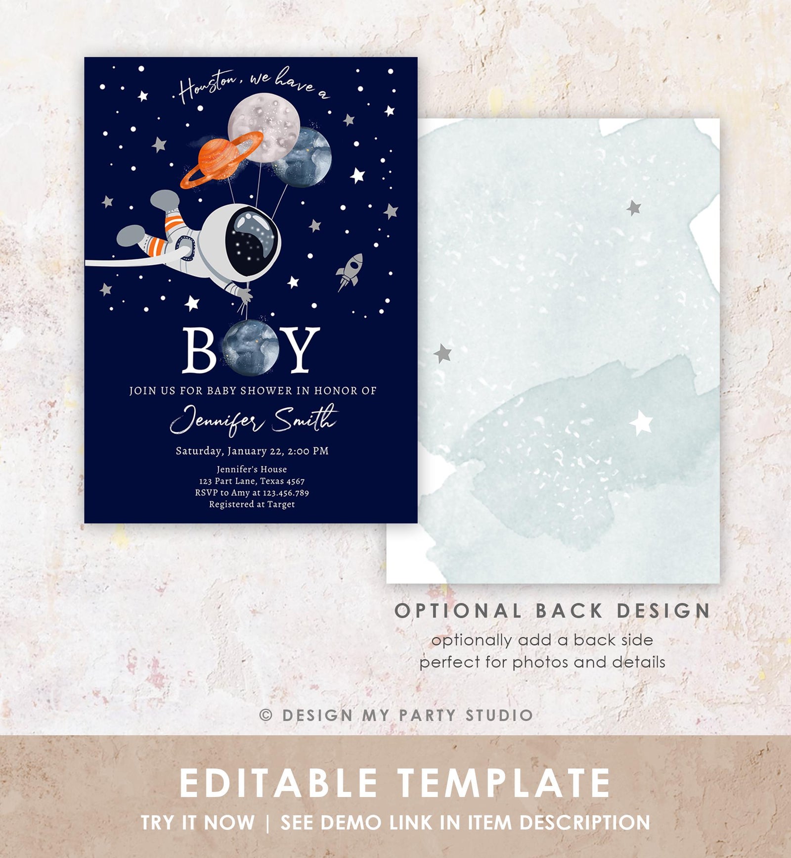 Editable Space Astronaut Baby Shower Invitation Galaxy Houston It's a Boy Blue Planets Moon Countdown Digital Evite Template Printable 0366