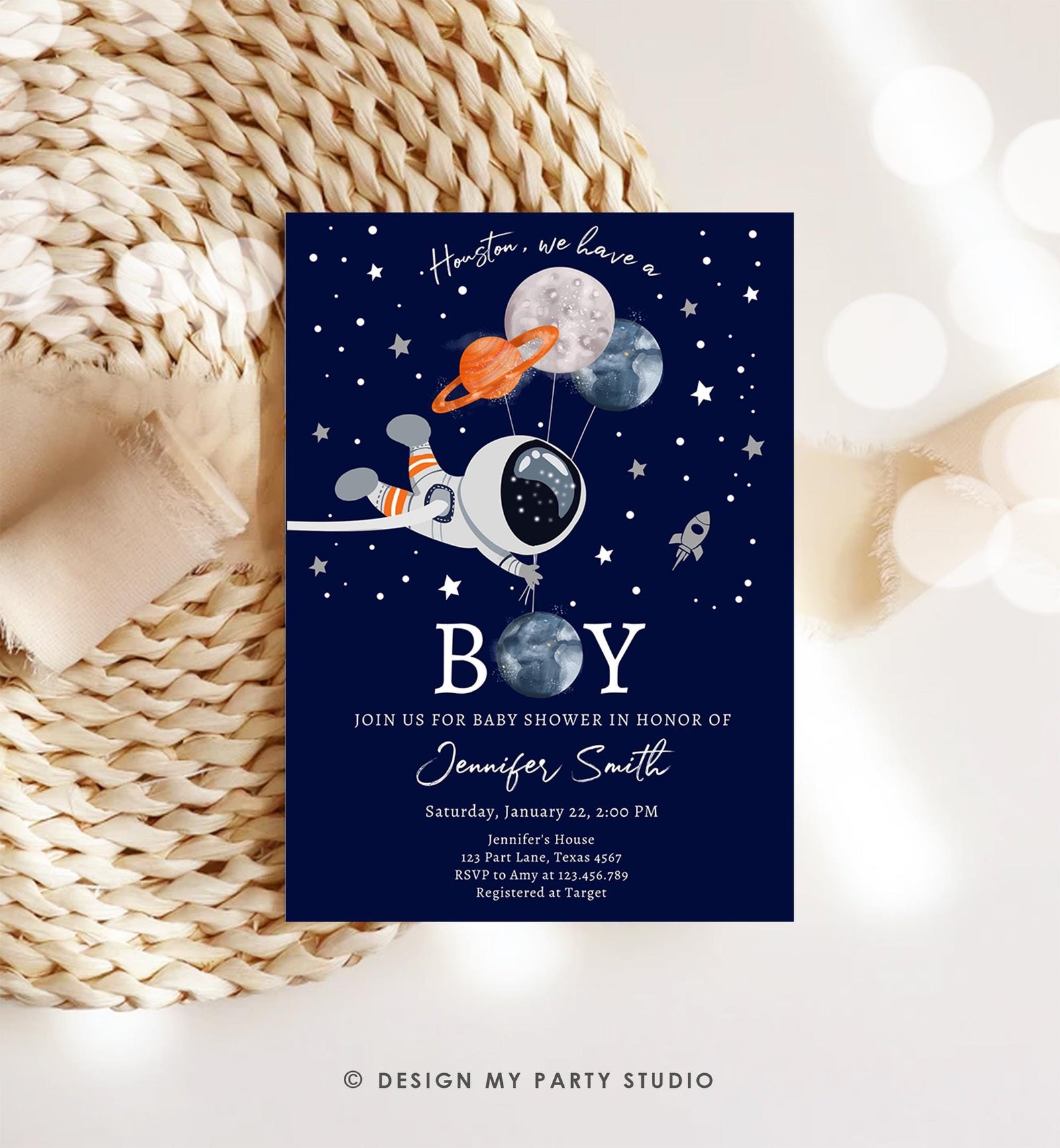 Editable Space Astronaut Baby Shower Invitation Galaxy Houston It's a Boy Blue Planets Moon Countdown Digital Evite Template Printable 0366
