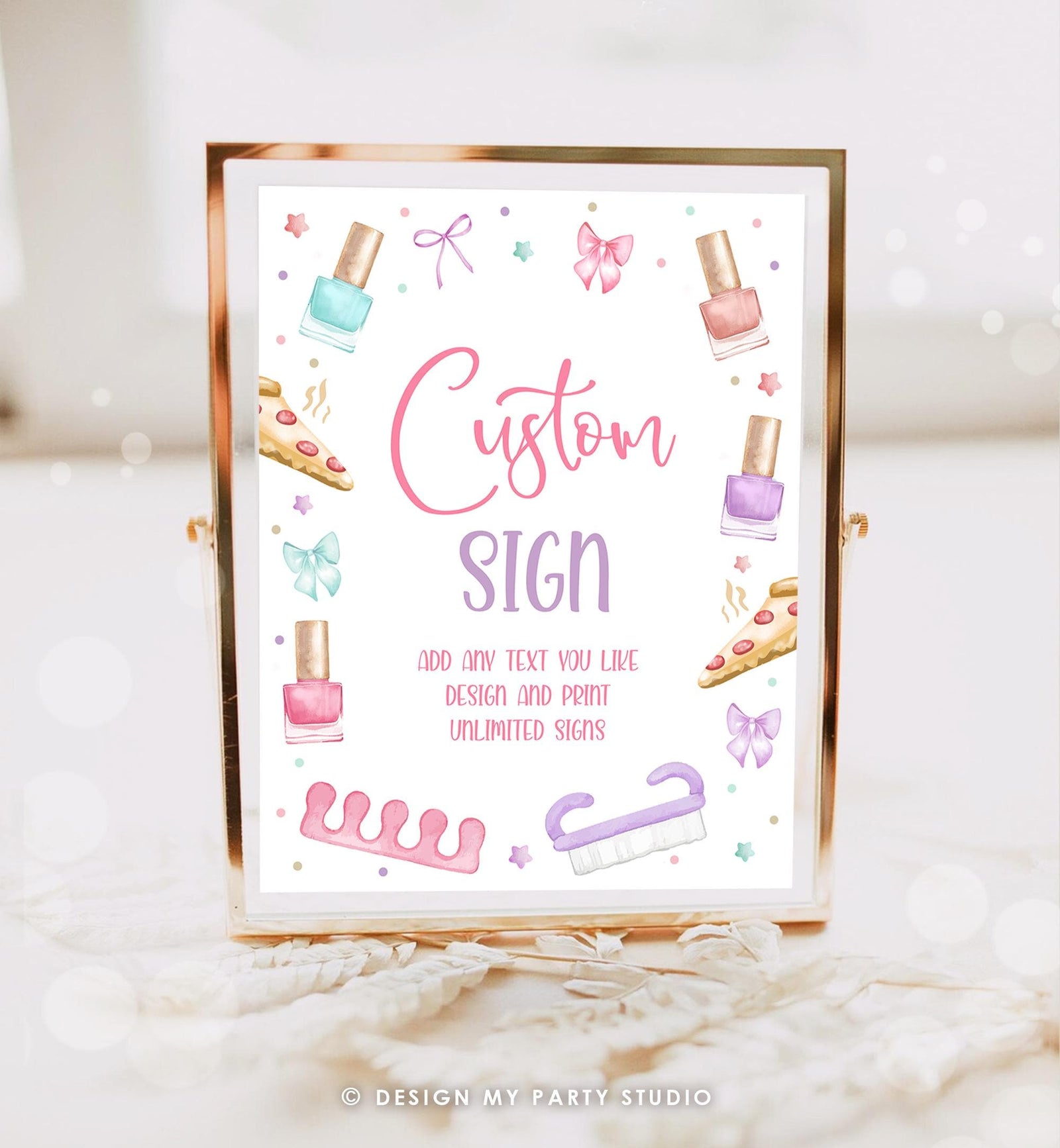 May include: A framed sign with a gold border, featuring the words "Custom SIGN" in pink and purple. The sign includes illustrations of nail polish bottles, pizza slices, bows, and text that reads "ADD ANY TEXT YOU LIKE DESIGN AND PRINT UNLIMITED SIGNS."