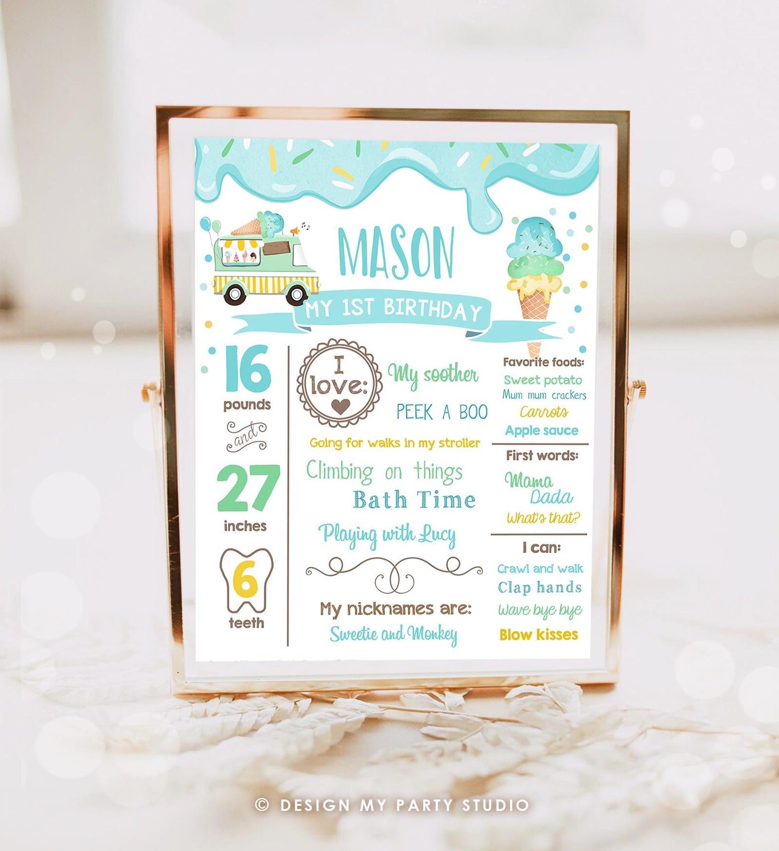 Editable Ice Cream Birthday Milestone Sign Boy Blue First Birthday Ice Cream Truck 1st Cone Sweet Digital Download Template Printable 0243