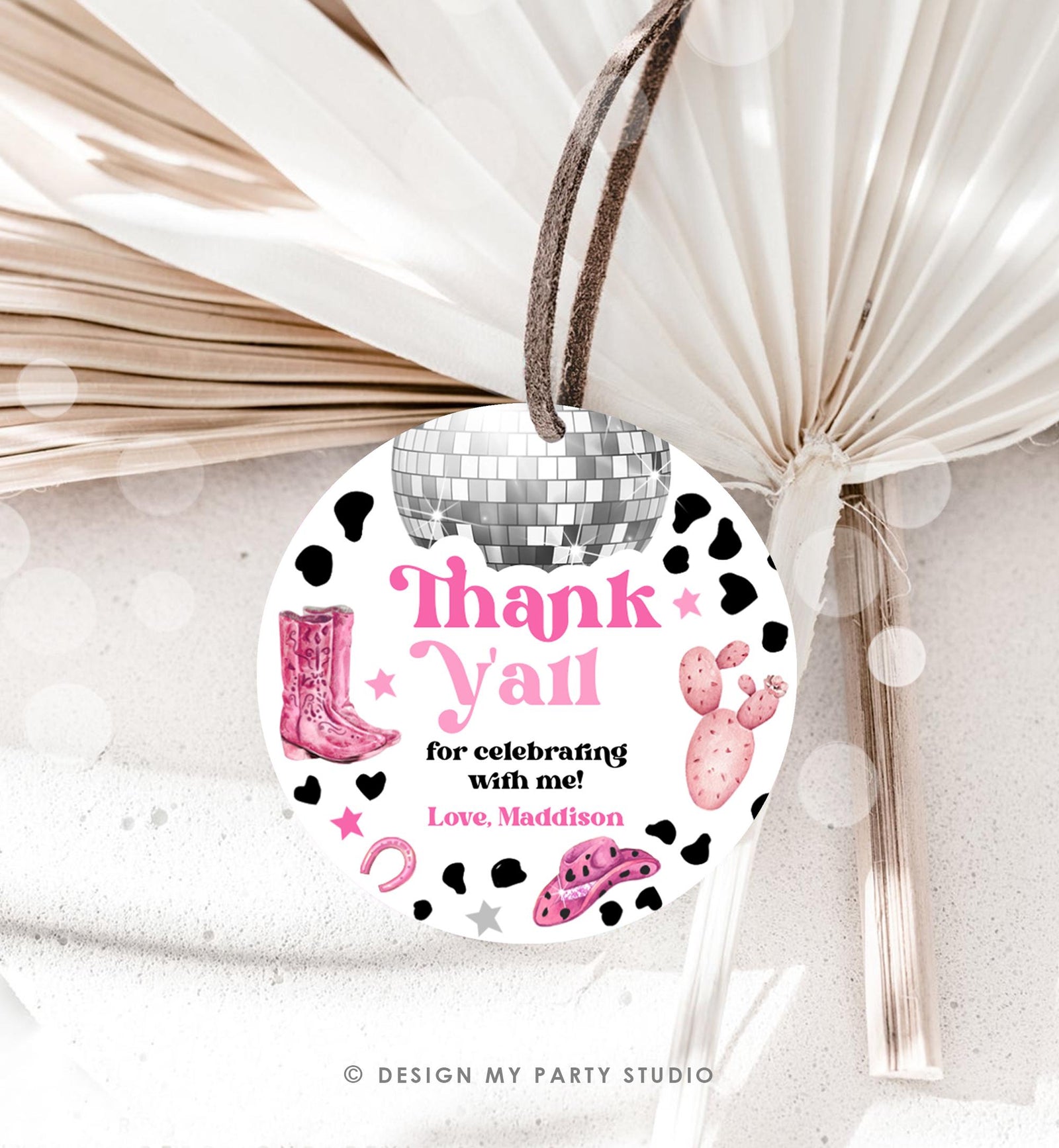 Editable Disco Cowgirl Birthday Favor Tag Nashville Party Gift Tag Pink Girl Rodeo Party Wild West Sticker Digital Template Printable 0455