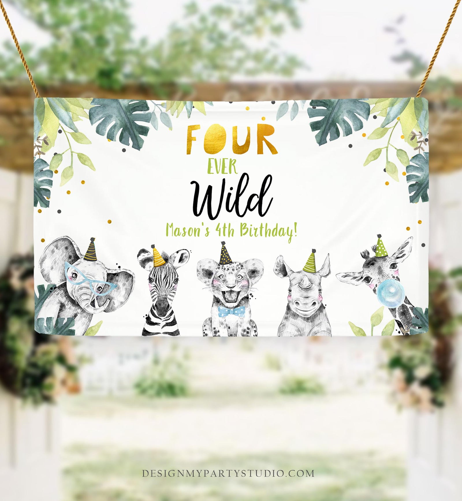 Editable Four Ever Wild Party Animals 4th Fourth Birthday Backdrop Banner Safari Animals Boy Blue Digital Template Printable 0322