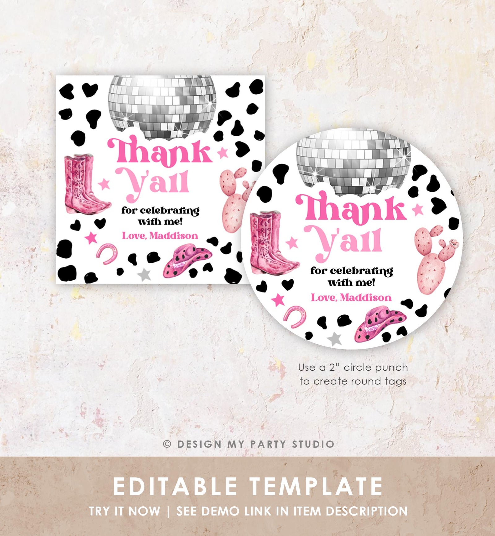 Editable Disco Cowgirl Birthday Favor Tag Nashville Party Gift Tag Pink Girl Rodeo Party Wild West Sticker Digital Template Printable 0455