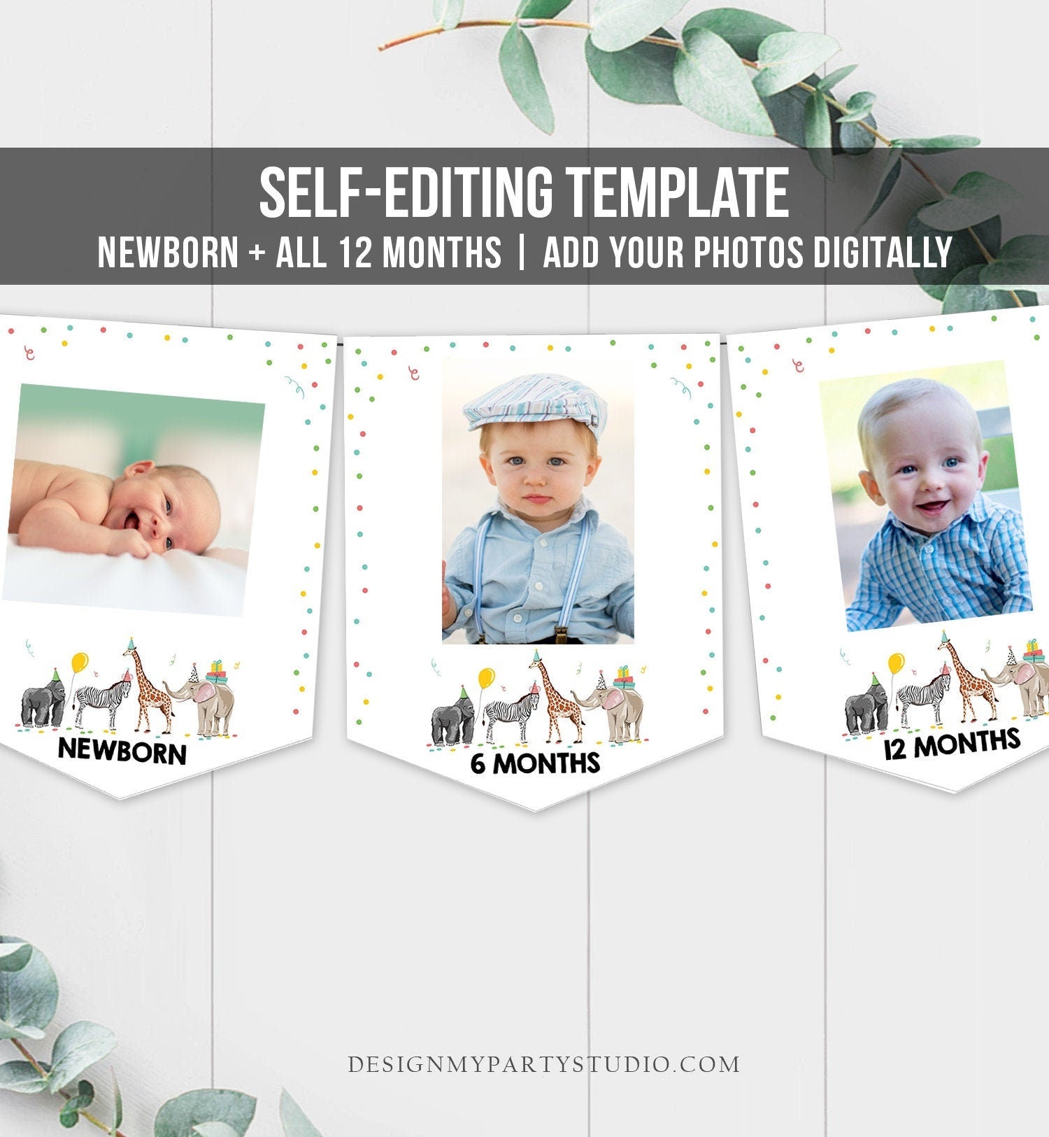 Editable Monthly Photo Banner First Birthday Banner Party Safari Animals Banner Party Animals Decor Confetti Corjl Template Printable 0142