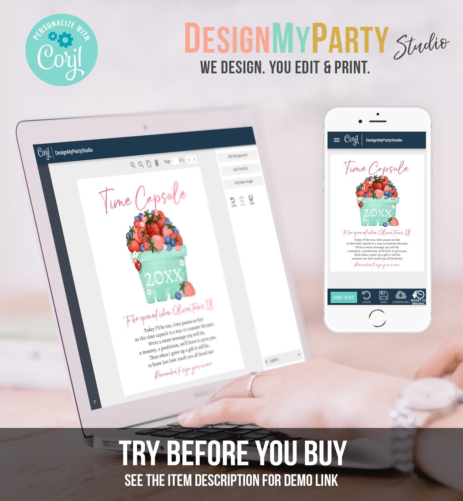 Editable Strawberry Blueberry Time Capsule First Birthday Party Decorations Berry Sweet Berry Sweet Girl Digital Template Printable 0506