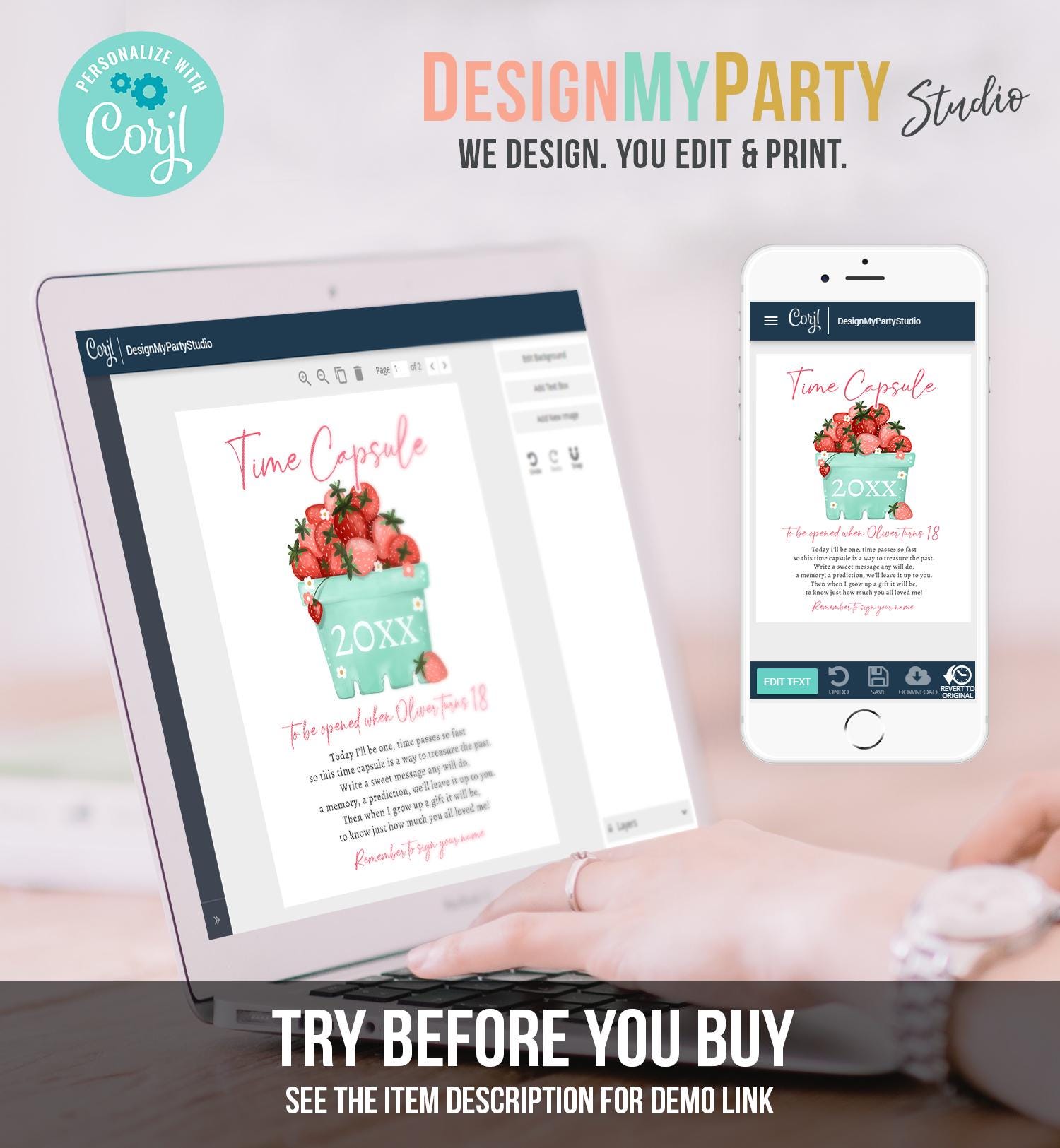 Editable Strawberry Time Capsule First Birthday Party Strawberry Decorations Berry Sweet Berry Sweet Girl Digital Template Printable 0506