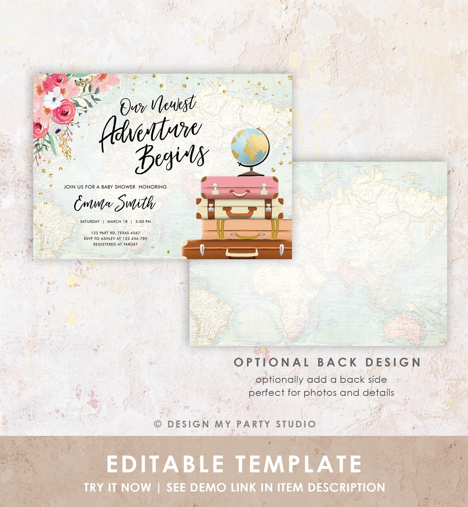 Editable Our Newest Adventure Begins Baby Shower Invitation Pink Floral Gold Suitcases Travel Awaits Digital Template Printable 0030