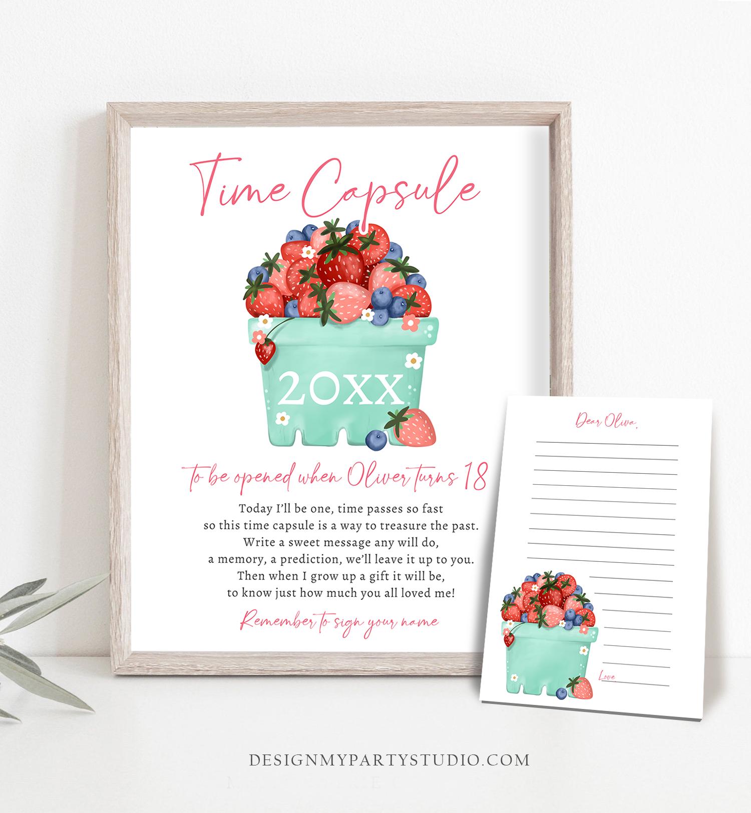 Editable Strawberry Blueberry Time Capsule First Birthday Party Decorations Berry Sweet Berry Sweet Girl Digital Template Printable 0506
