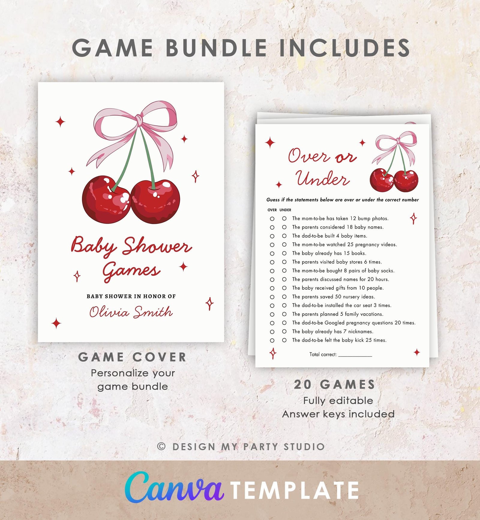 Cherry On Top Baby Shower, Printable Party Activities, Editable Canva Template 0539