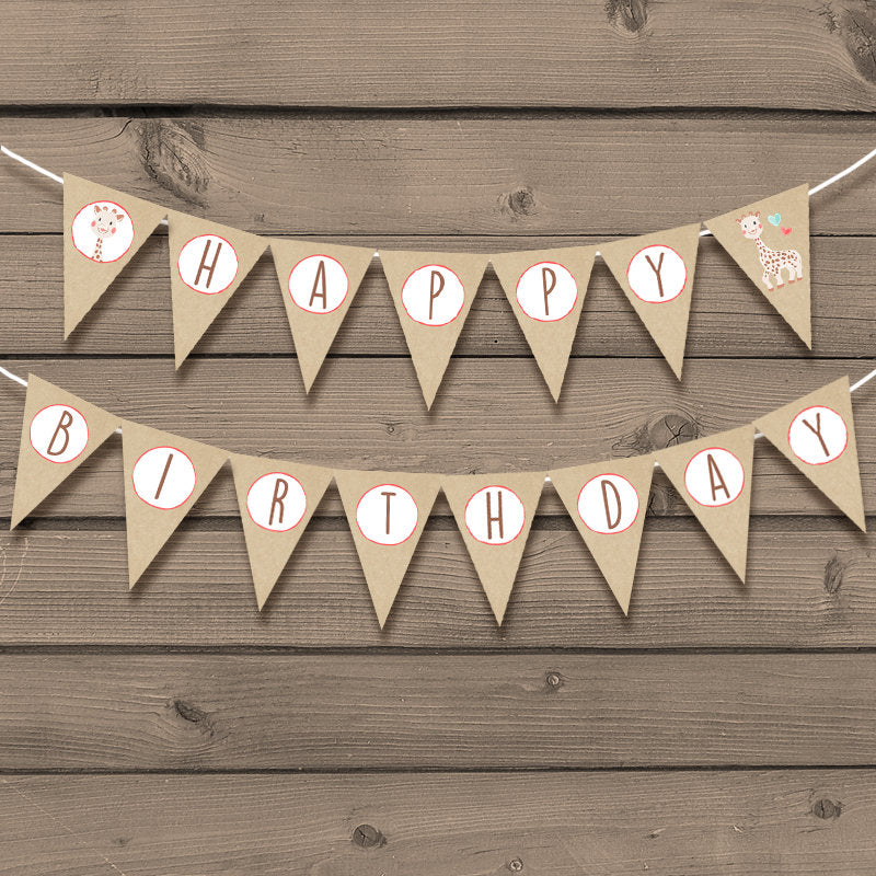 Giraffe Birthday banner Happy Birthday banner Giraffe party Flag Bunting Happy birthday Giraffe Pink Rustic download PRINTABLE DIGITAL DIY