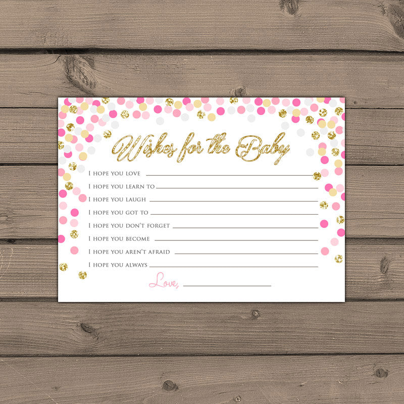Baby shower Wishes for Baby game Instant download Pink and Gold baby shower Gold glitter confetti Baby wishes card PRINTABLE 0014