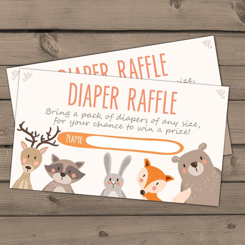 Woodland diaper raffle tickets Baby shower Woodland Diaper raffle card Baby Shower game Diaper raffle ticket Neutral Fox Bear PRINTABLE 0010