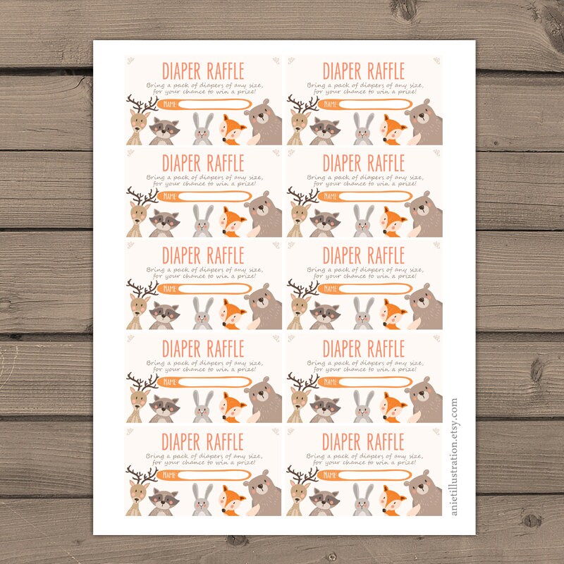 Woodland diaper raffle tickets Baby shower Woodland Diaper raffle card Baby Shower game Diaper raffle ticket Neutral Fox Bear PRINTABLE 0010